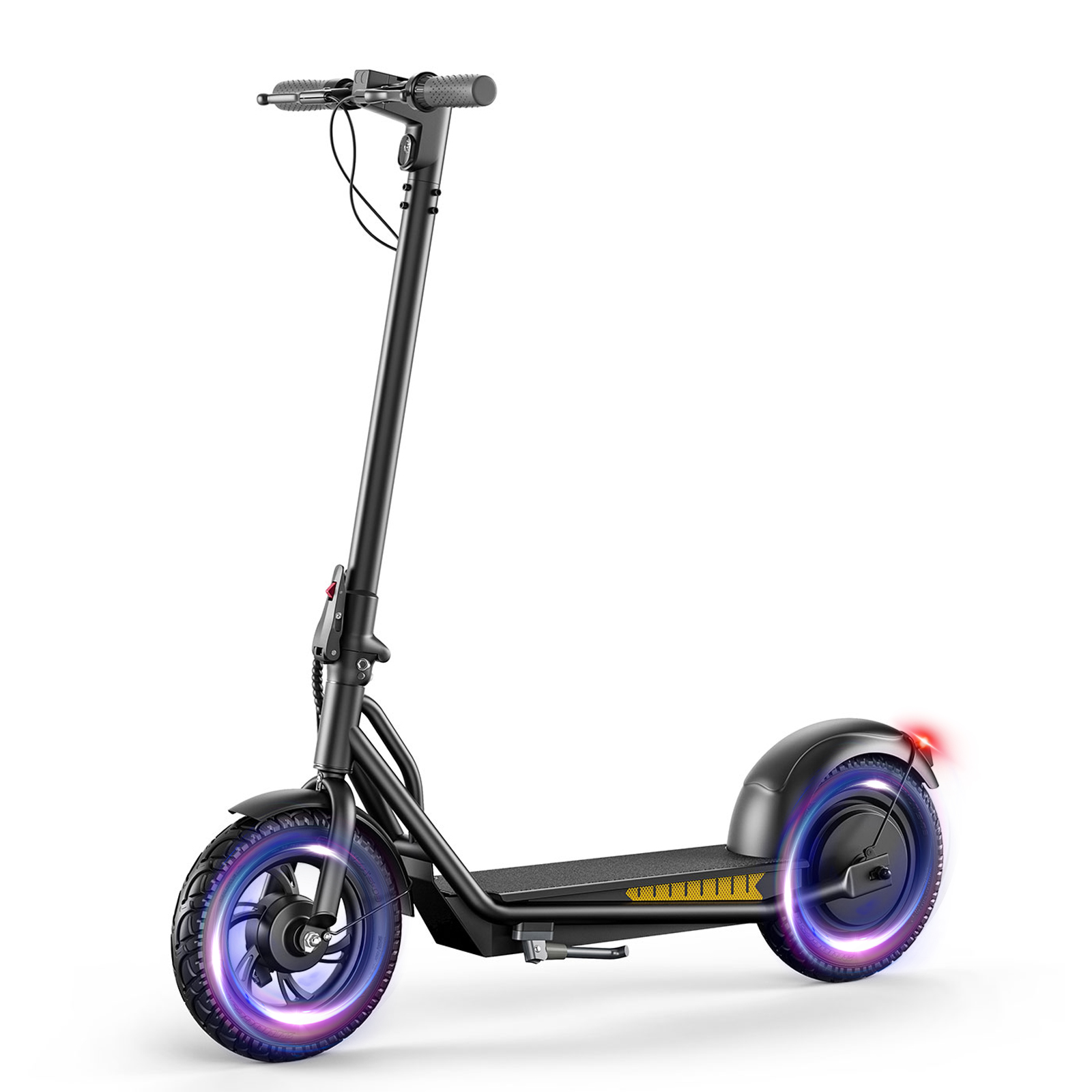 Monopattino elettrico nero con ruote luminose e fanale posteriore rosso.