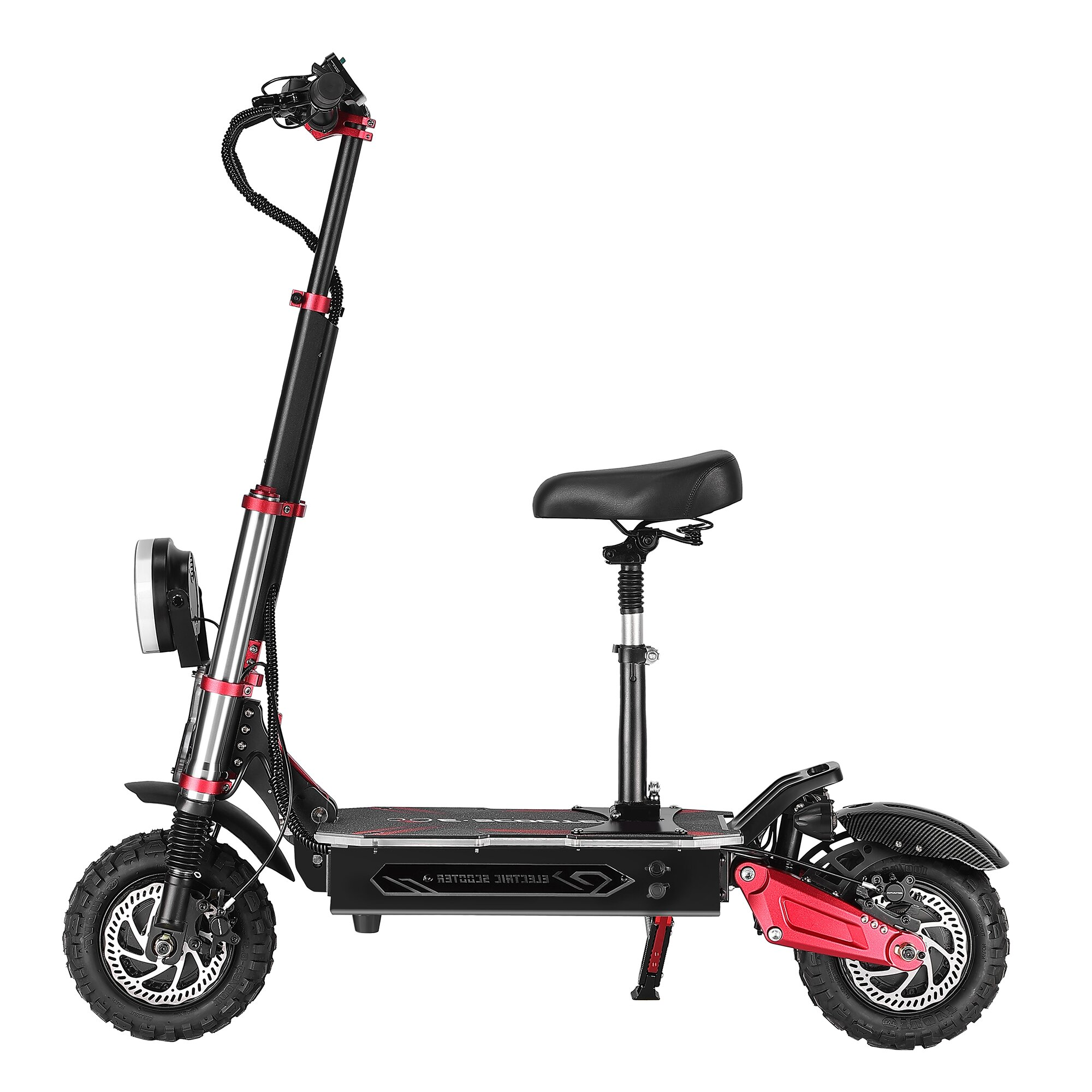 Uno scooter elettrico nero con sedile, accenti rossi e pneumatici grandi.