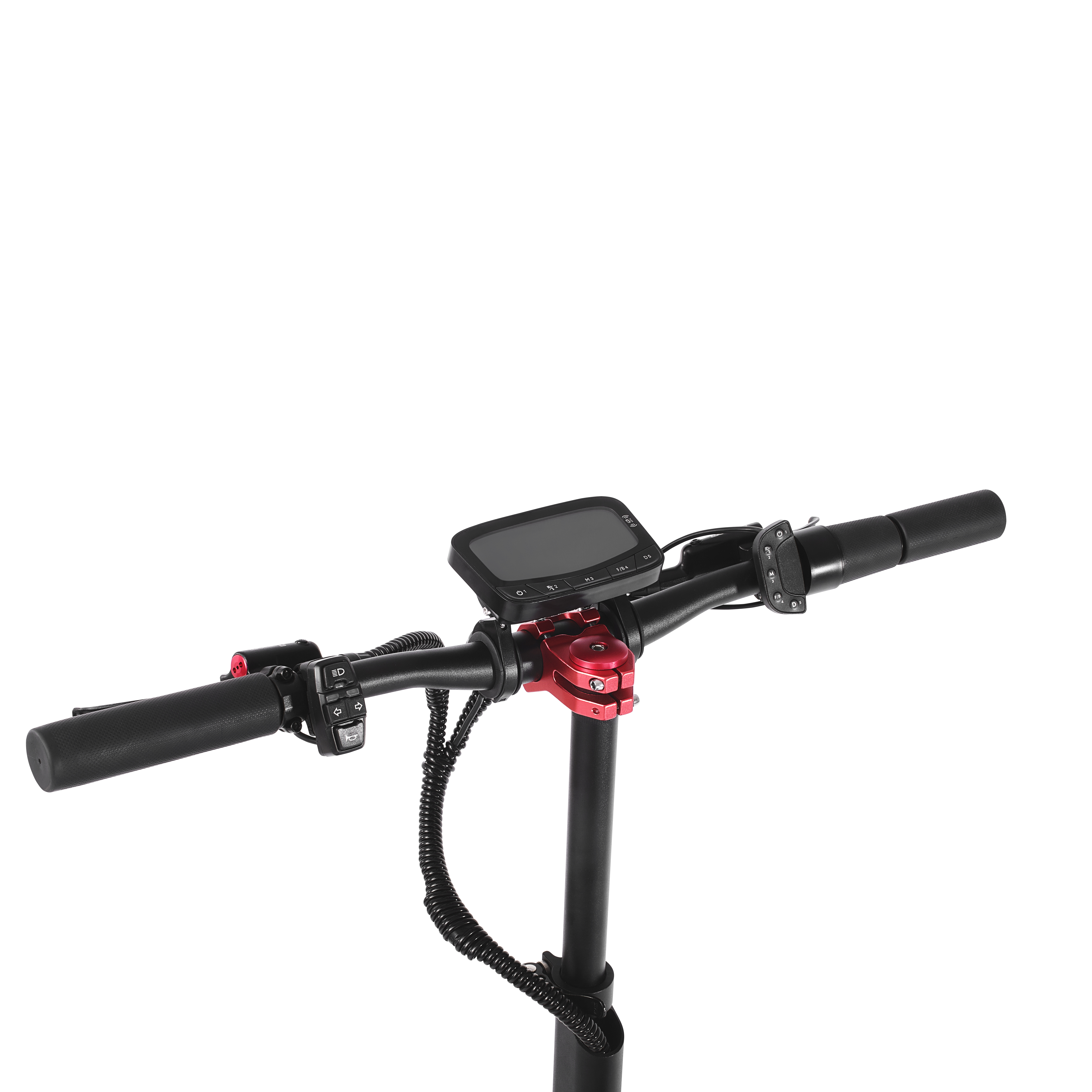 Manubrio monopattino elettrico con display, accenti rossi e controlli.