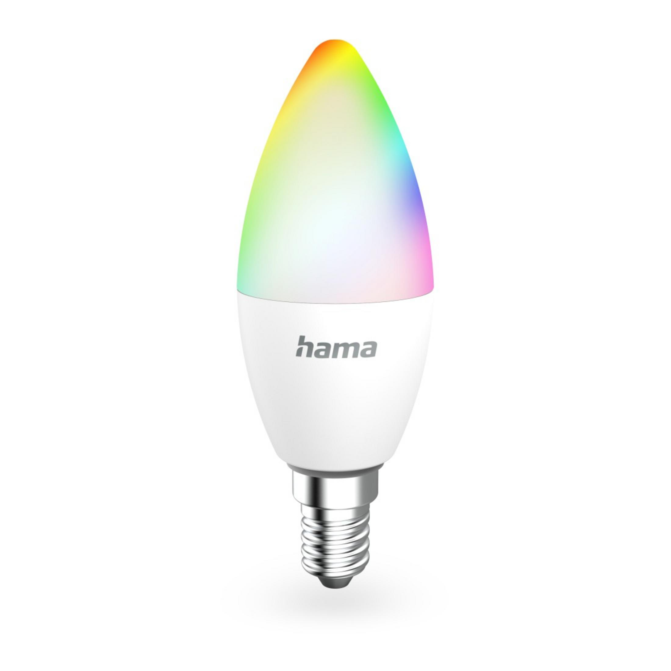Una lampadina bianca con colori arcobaleno. Il logo Hama è visibile.