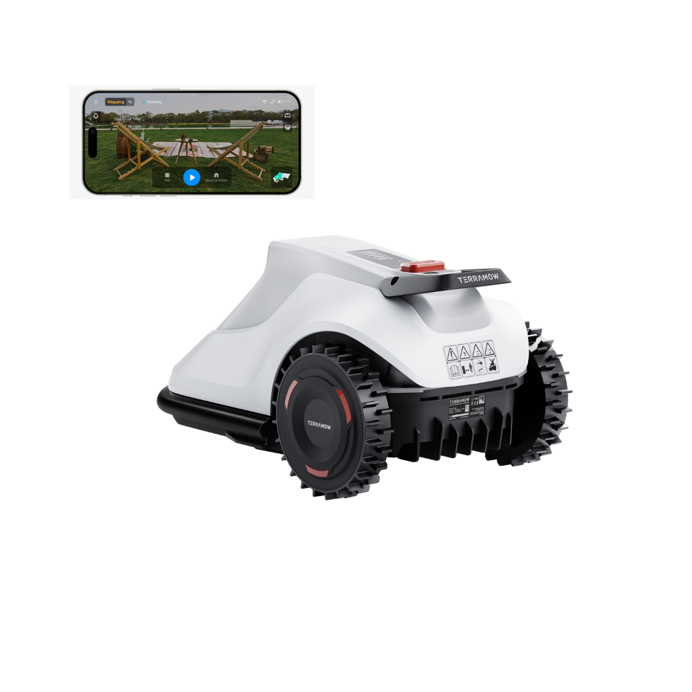 White robotic mower with black wheels. Phone shows outdoor scene with chairs.