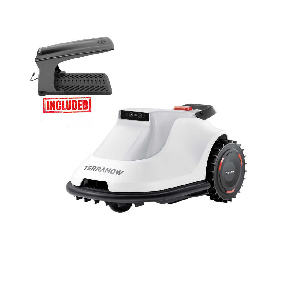 A white robotic mower with a black housing and red-marked wheels.
