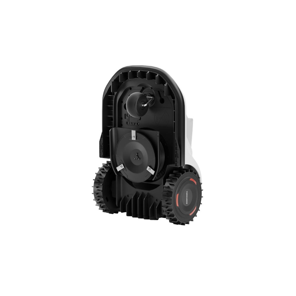 Underside of a robotic lawn mower showing wheels, blade, and a support wheel.