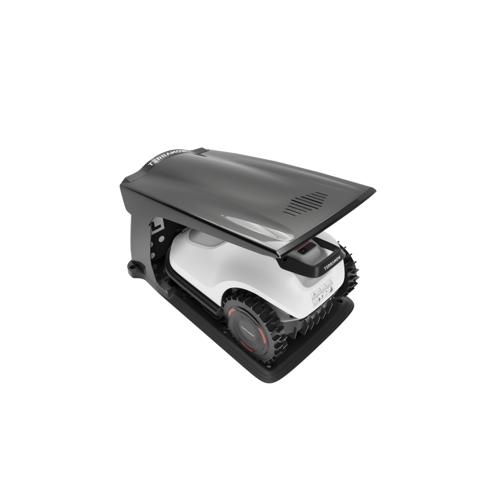 Une tondeuse à gazon robotisée blanche et noire avec des roues et un capot ouvert.