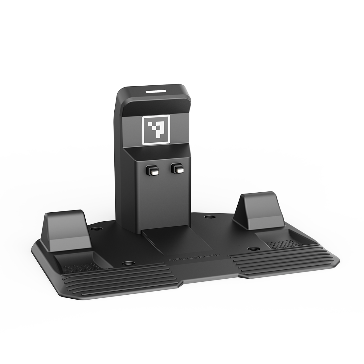 A black charging dock with two controller rests and a central vertical stand.