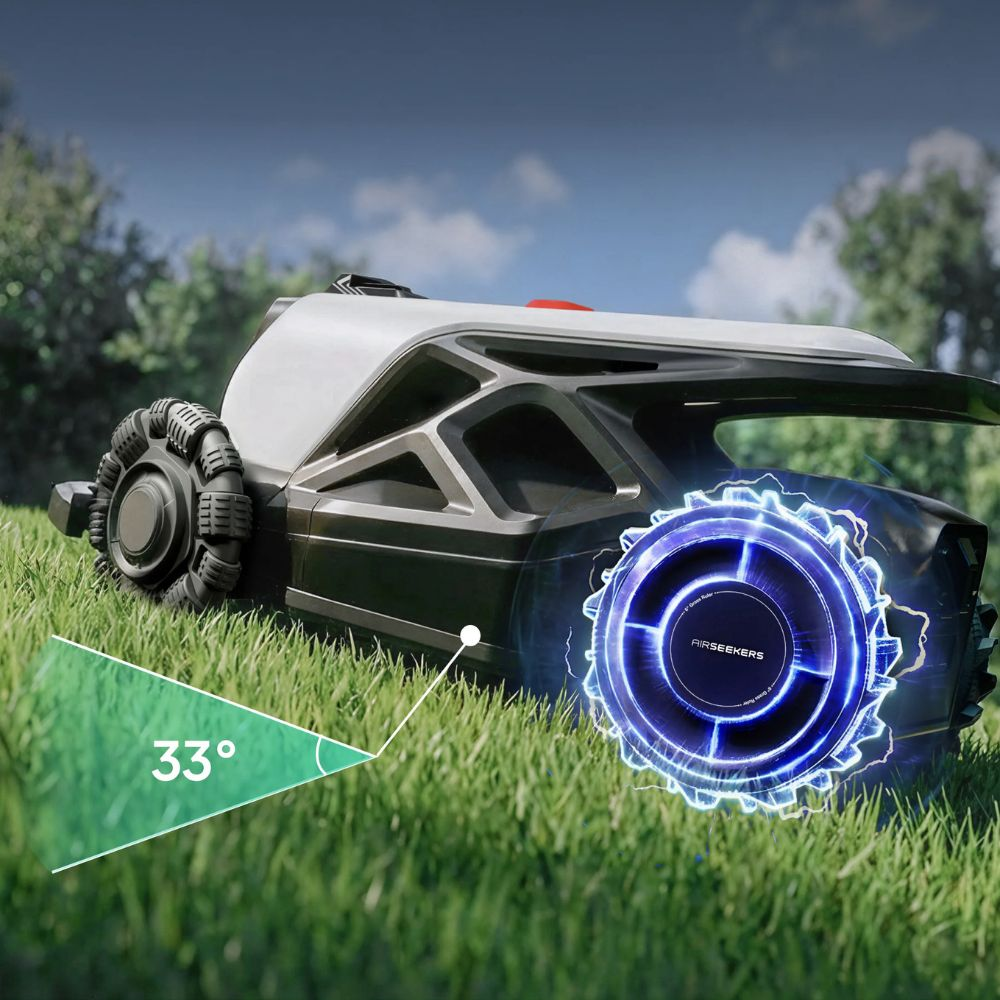 A futuristic robotic lawnmower on green grass, with a blue energy aura and 33° angle indicator.