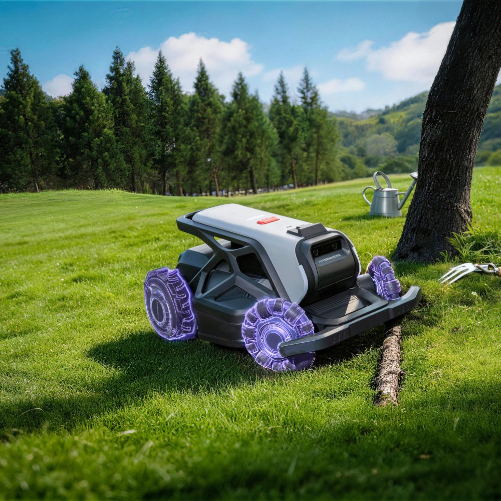 A robotic lawnmower with glowing wheels sits on green grass beside a tree.