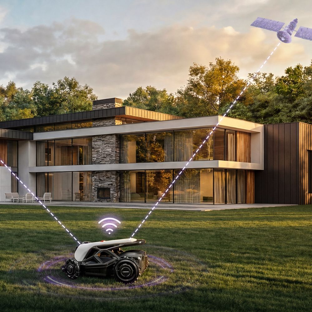 A robotic lawn mower connects to a satellite in front of a modern house.
