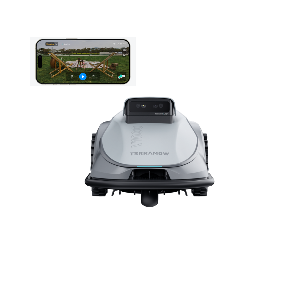 A white robotic lawnmower with cameras and a smartphone showing a green lawn.
