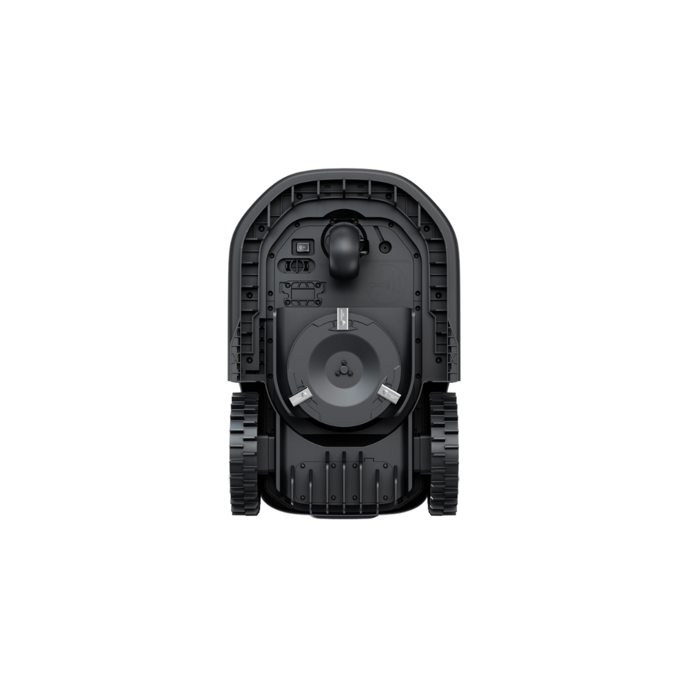 Underside of a black robotic lawn mower with wheels and cutting deck.