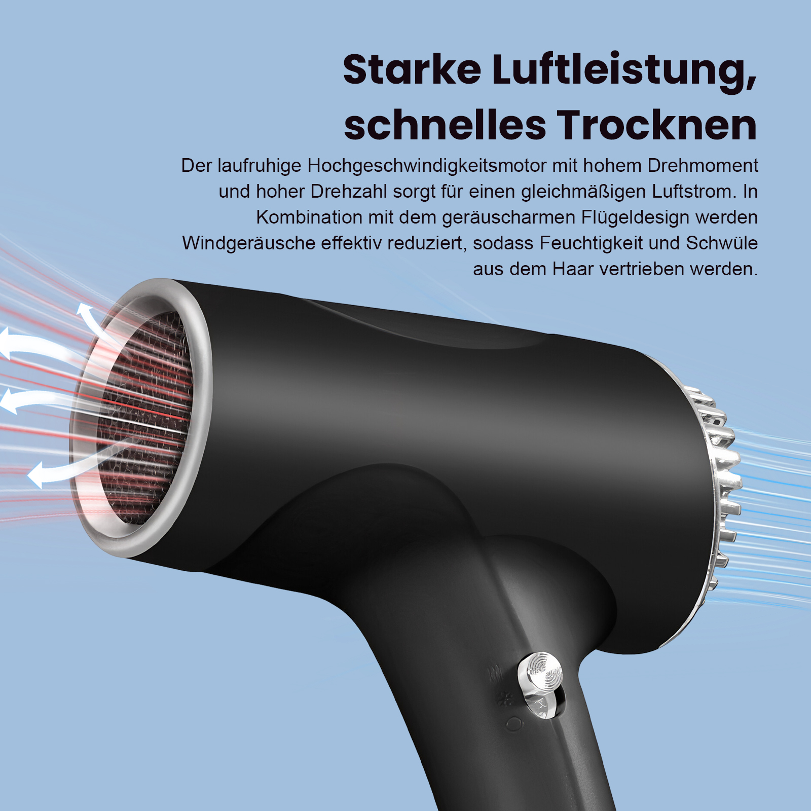 Schwarzer Haartrockner mit Luftstromanimation und deutschem Text.
