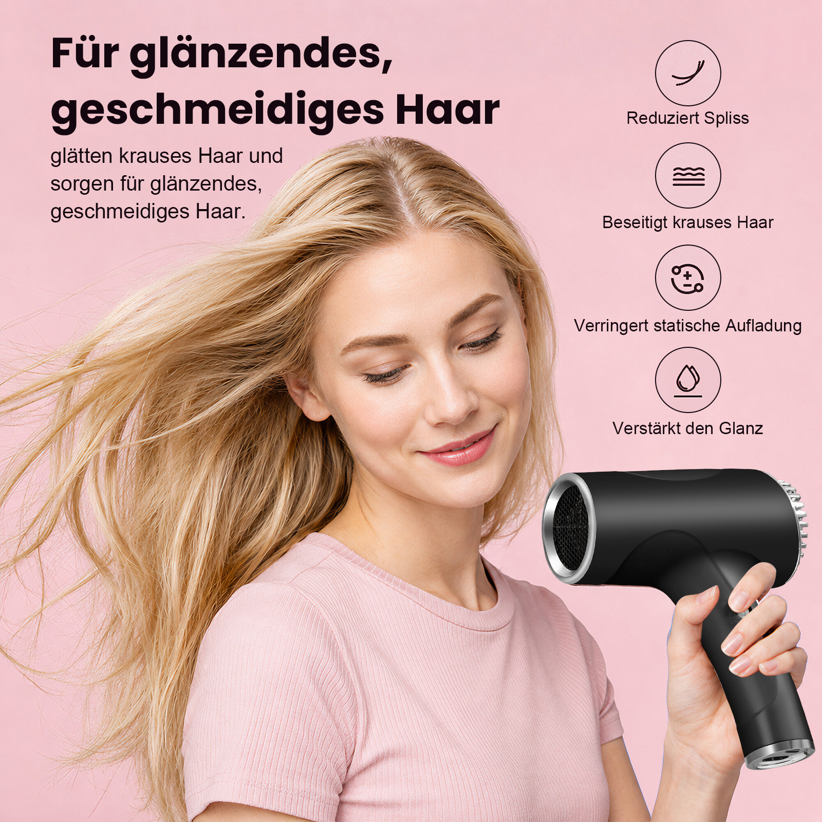 Eine Frau mit blondem Haar hält einen schwarzen Haartrockner, der Spliss reduziert.