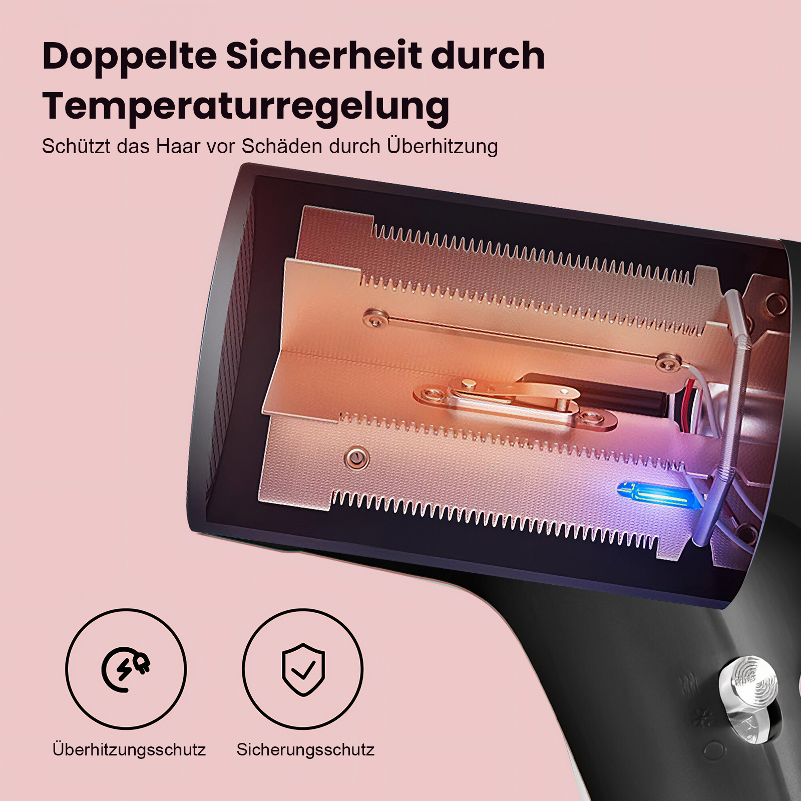 Nahaufnahme eines Haartrockner-Inneren mit Heizspiralen und Schutzfunktionen.