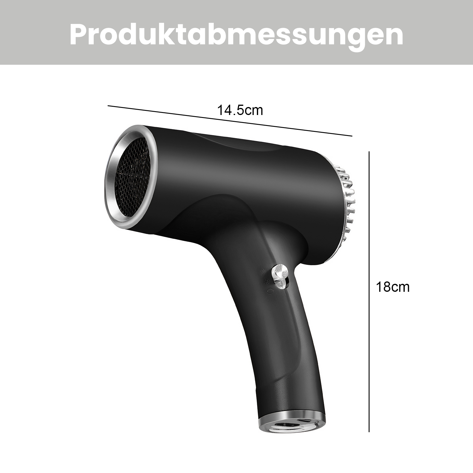 Schwarzer Haartrockner mit Maßen 14,5 cm Länge und 18 cm Höhe.