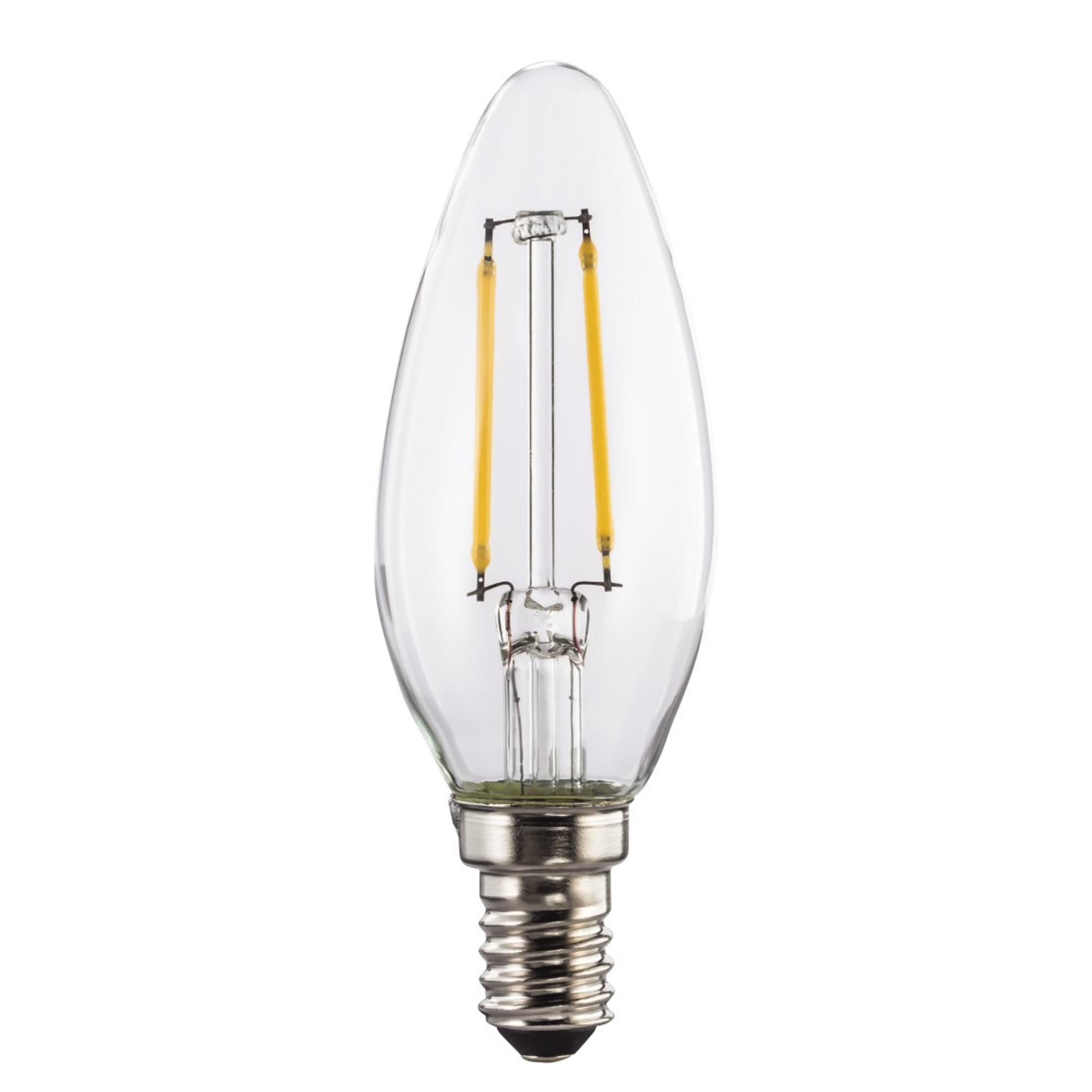 Eine klare LED-Kerzenbirne mit silbernem Gewindesockel und zwei gelben Fäden.
