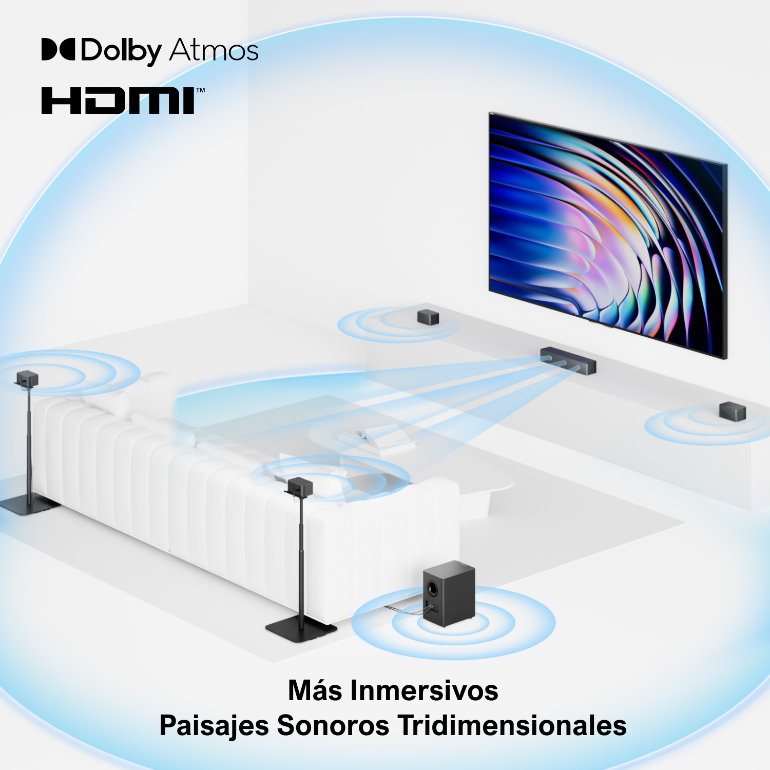 Logos Dolby Atmos y HDMI sobre sala con sofá y sistema de sonido 3D.