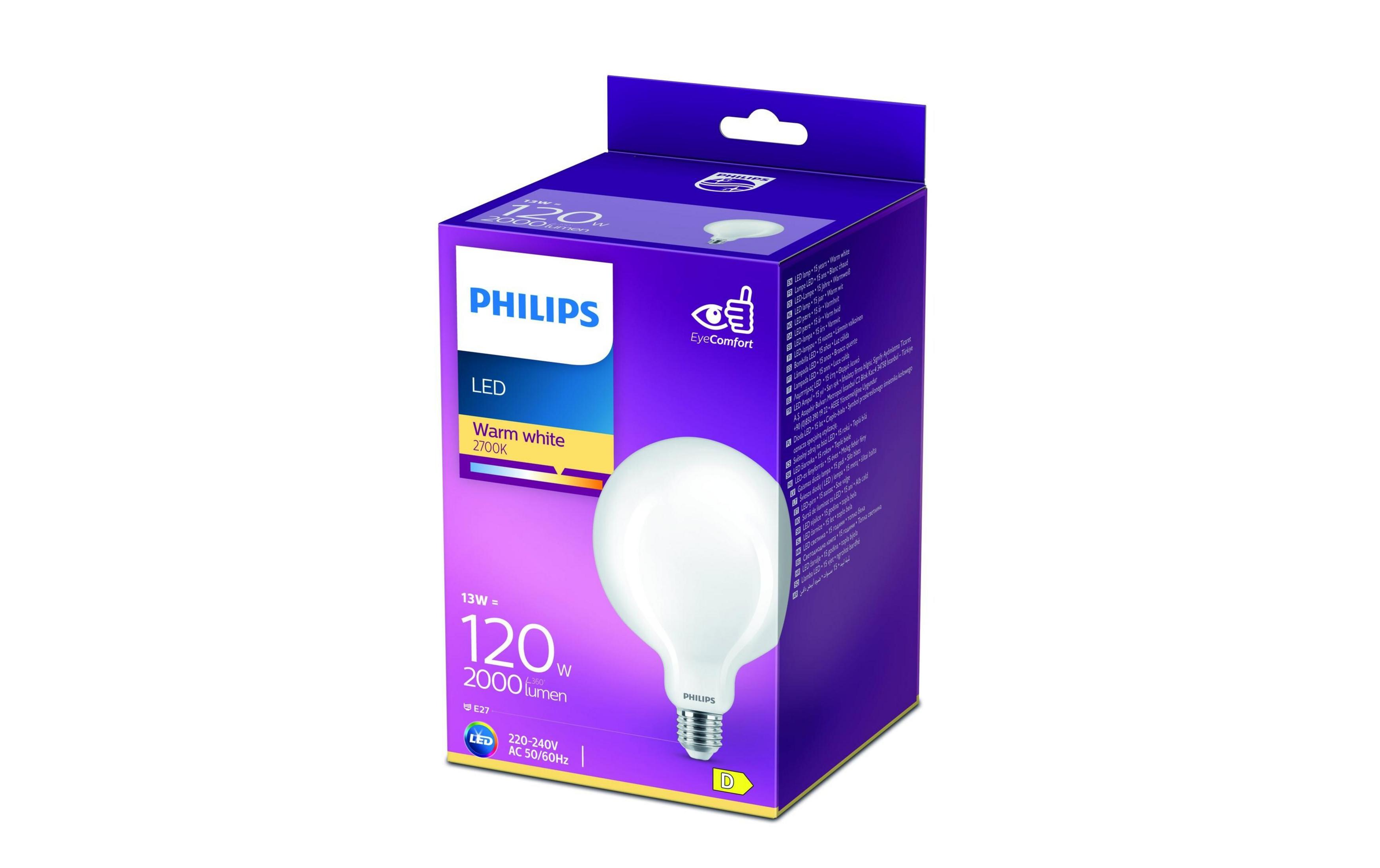 Lampadina LED Philips 13W, bianco caldo, 2000 lumen, su confezione viola.