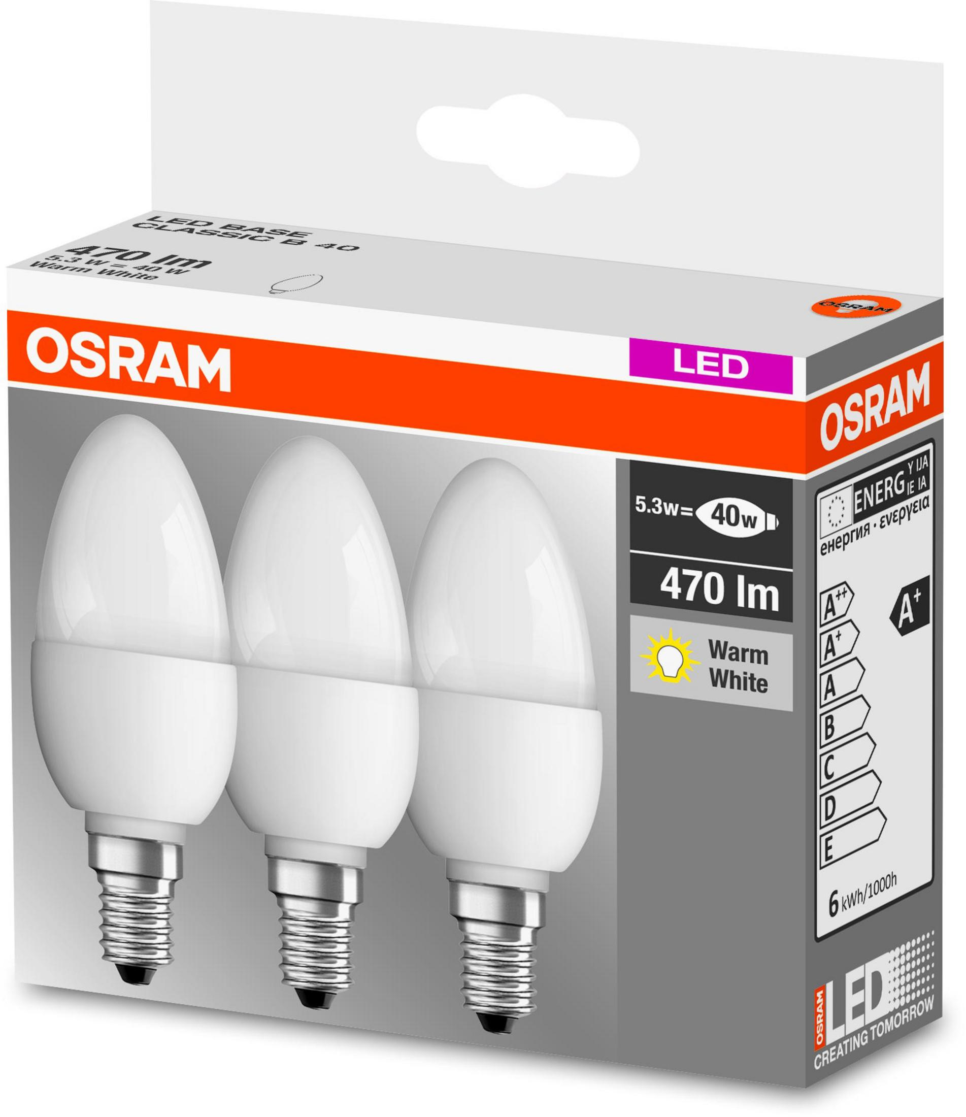 Confezione da tre lampadine LED Osram, bianco caldo, 470 lm, classe energetica A++.