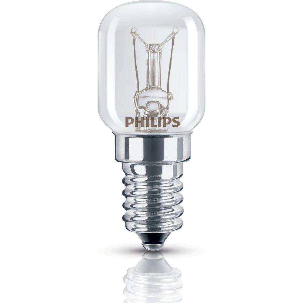 Una piccola lampadina Philips con base a vite e filamento visibile.