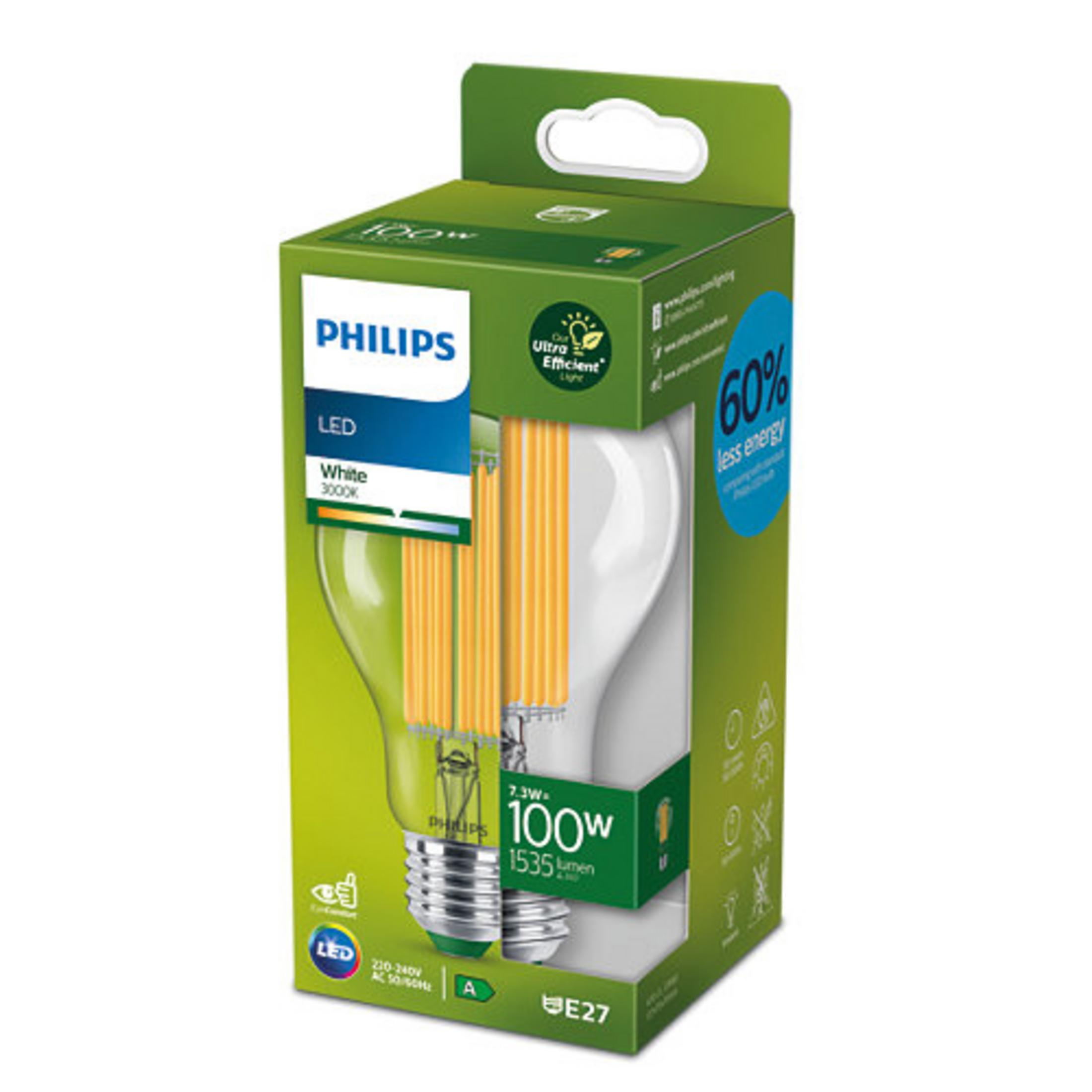 Lampadina LED Philips in scatola verde, 7,3W, equivalente 100W, 1535 lumen.