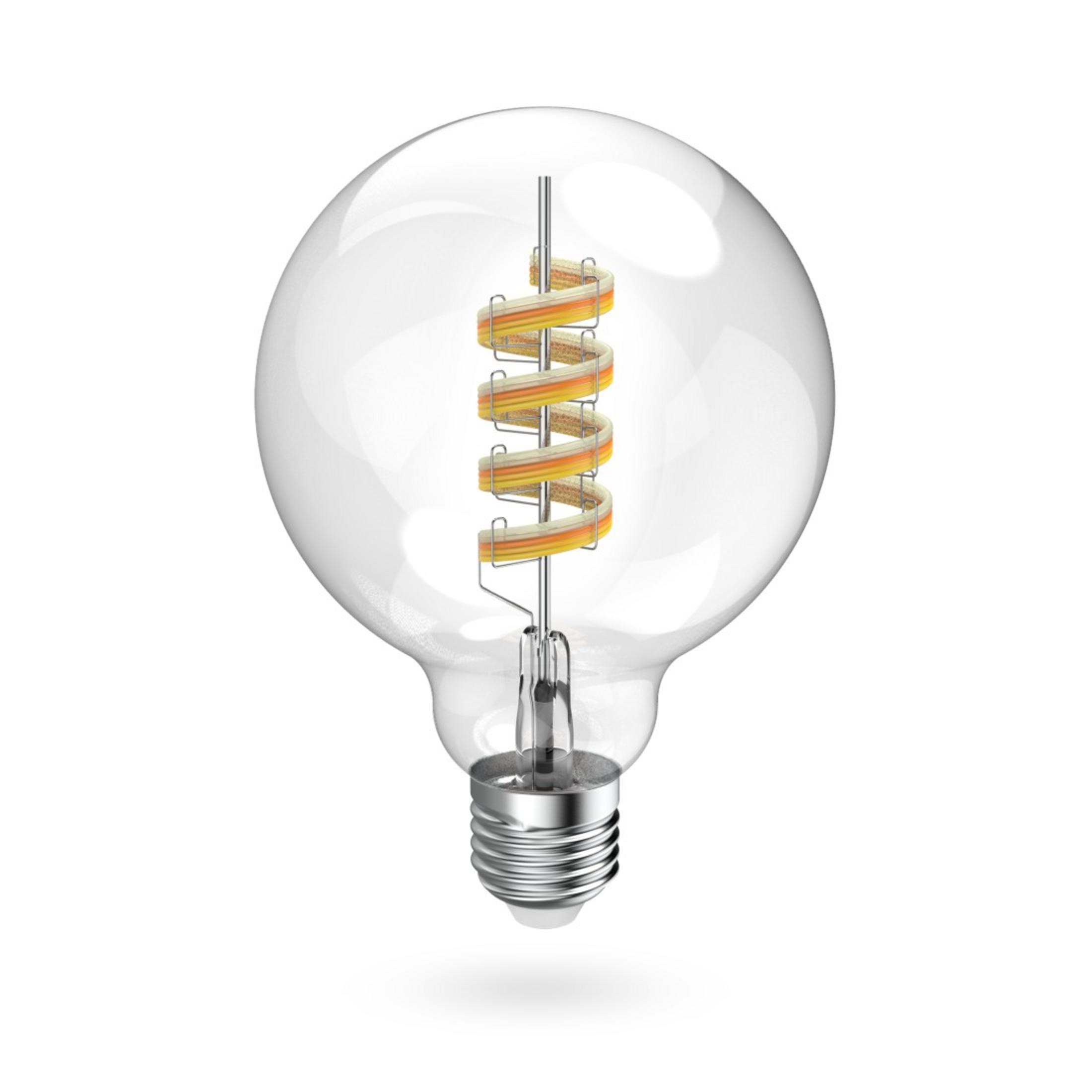 Una lampadina trasparente con filamento LED a spirale e multicolore.