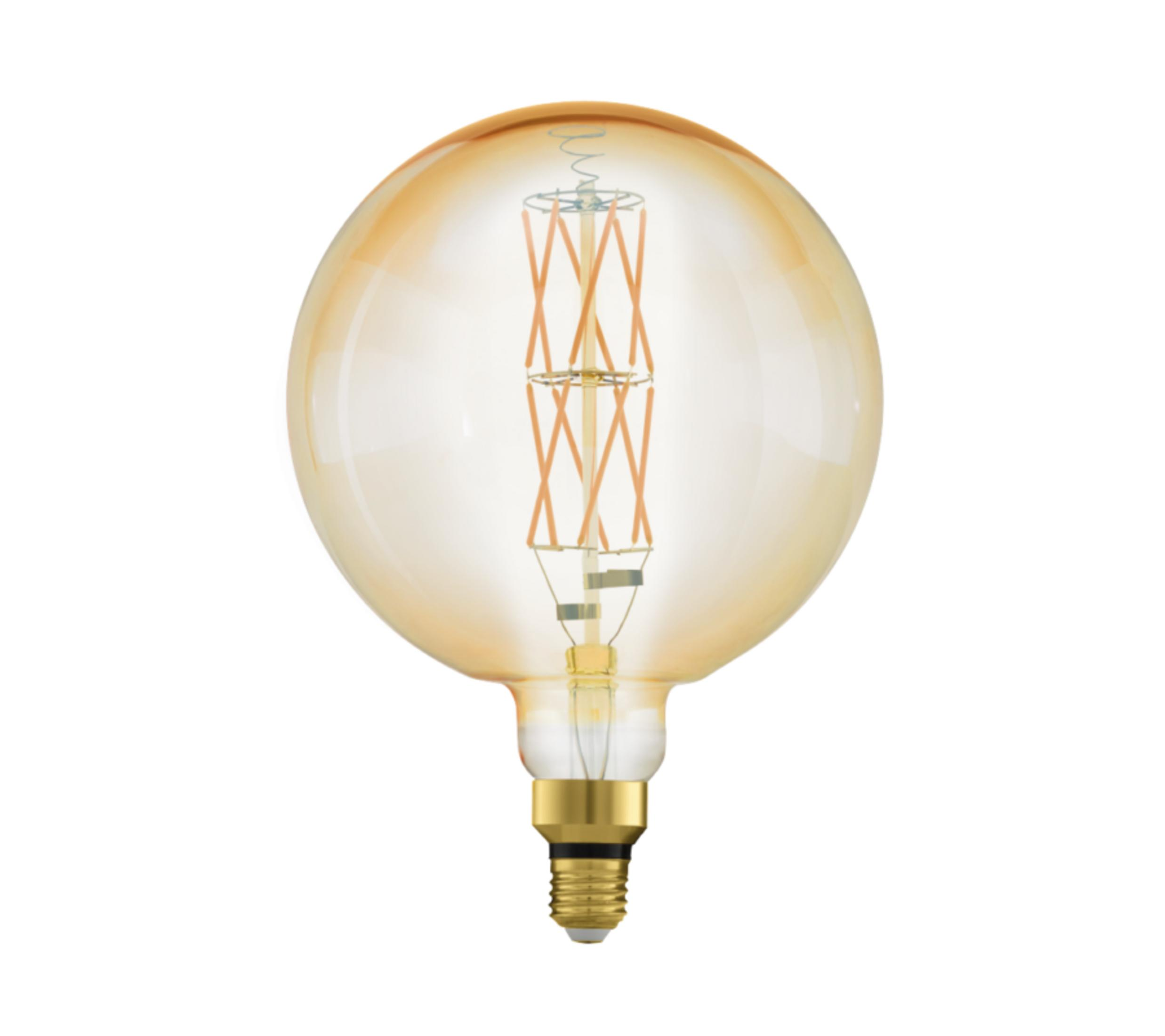 Una lampadina color ambra con filamenti visibili e base dorata.