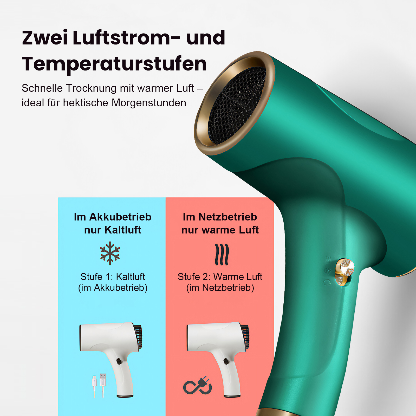 Ein grüner Haartrockner mit zwei Stufen: Kaltluft im Akkubetrieb, warme Luft im Netzbetrieb.