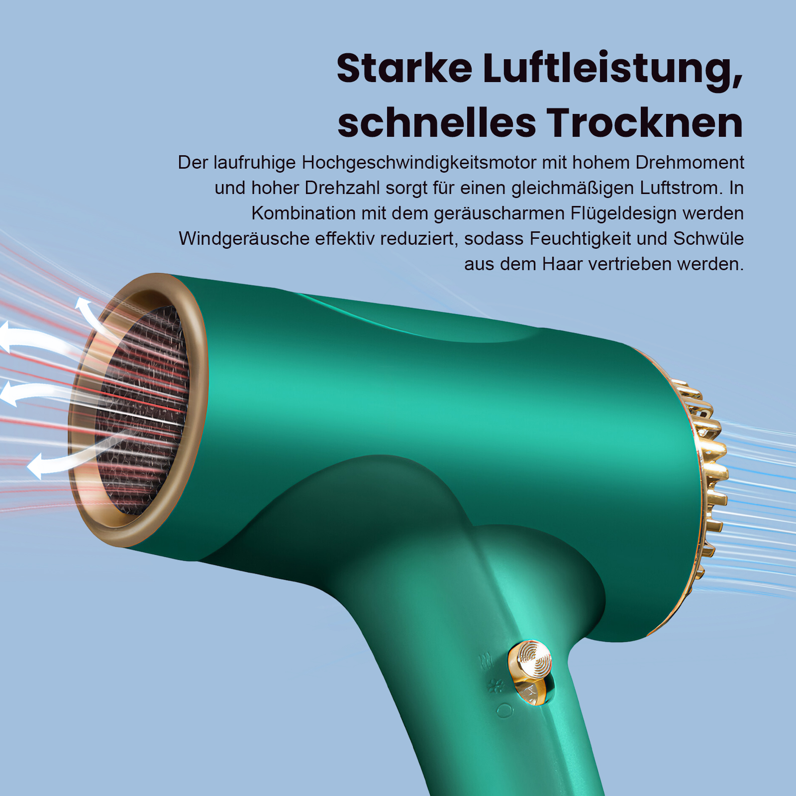 Grüner Haartrockner mit goldenen Akzenten, der starke Luftleistung zeigt.