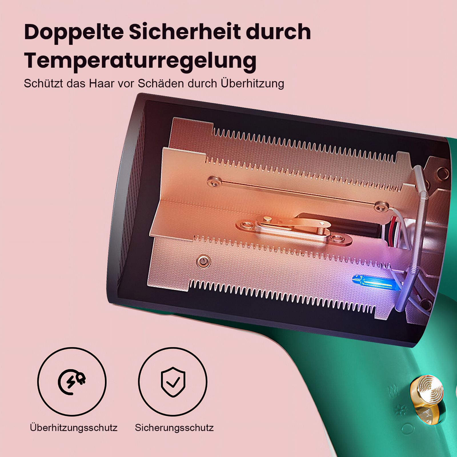 Ein grüner Haartrockner mit geöffnetem Kopf, der interne Komponenten zeigt.