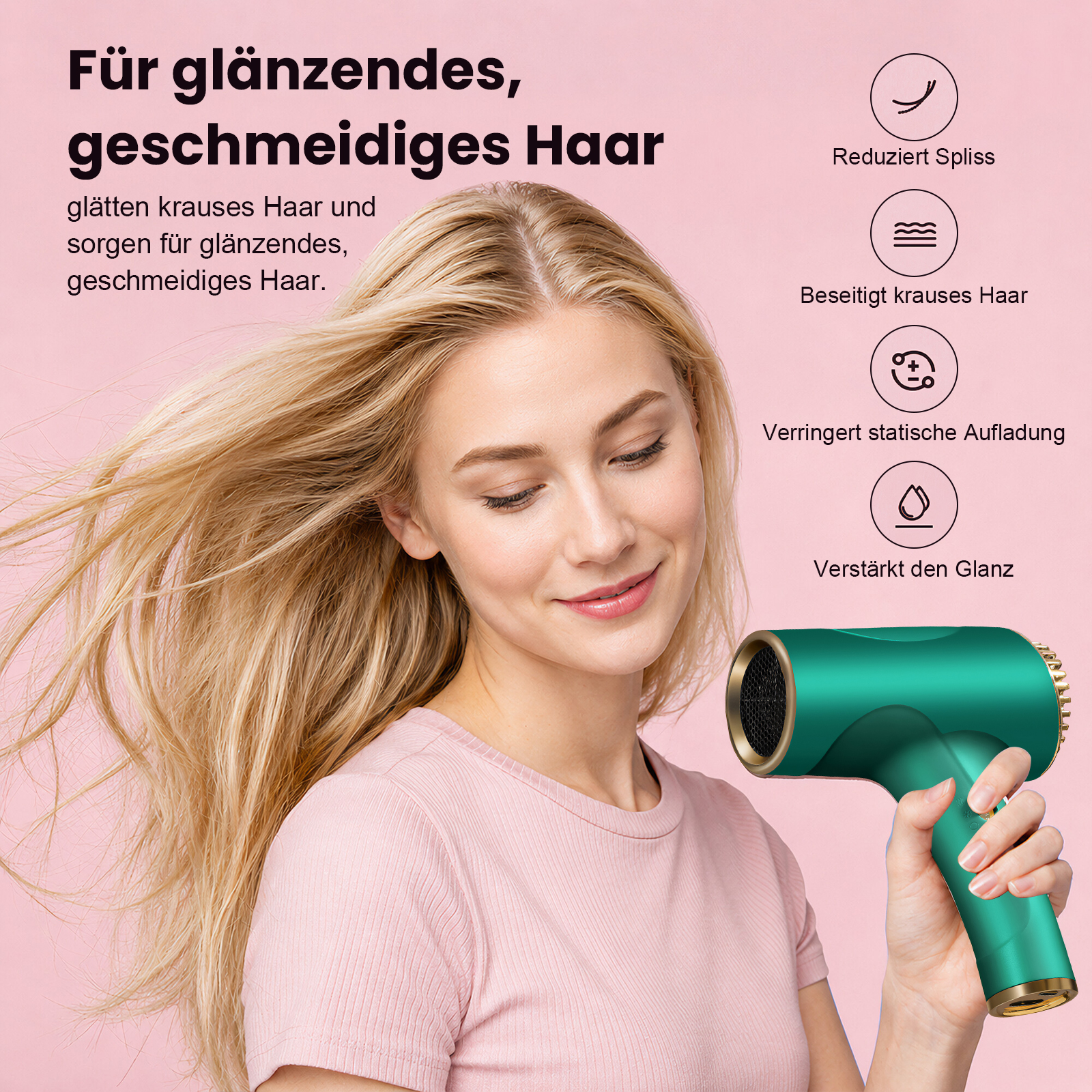 Eine Frau mit blondem Haar hält einen grünen Föhn, der für glänzendes Haar wirbt.