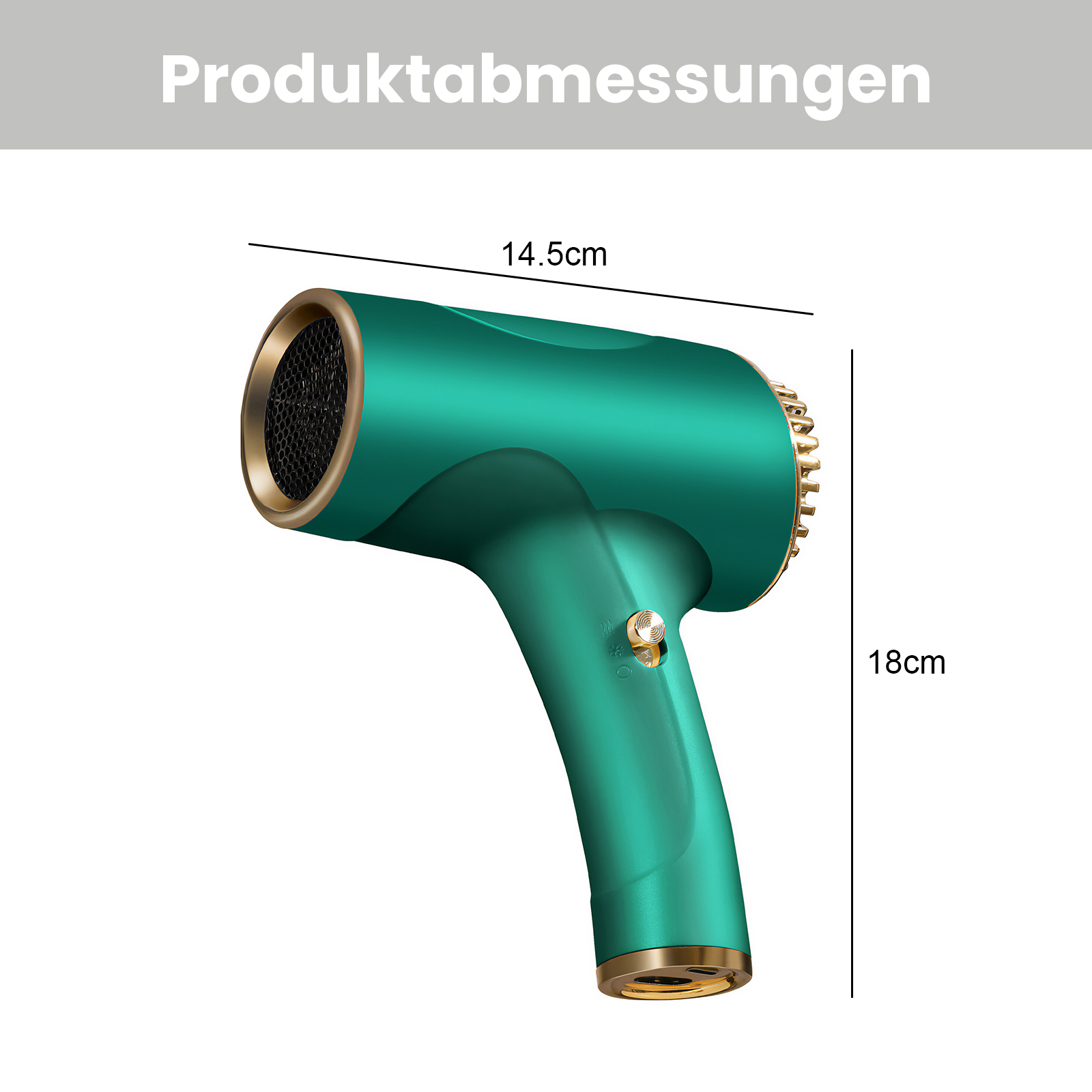 Grüner Haartrockner mit goldenen Akzenten, 14,5cm lang, 18cm hoch.
