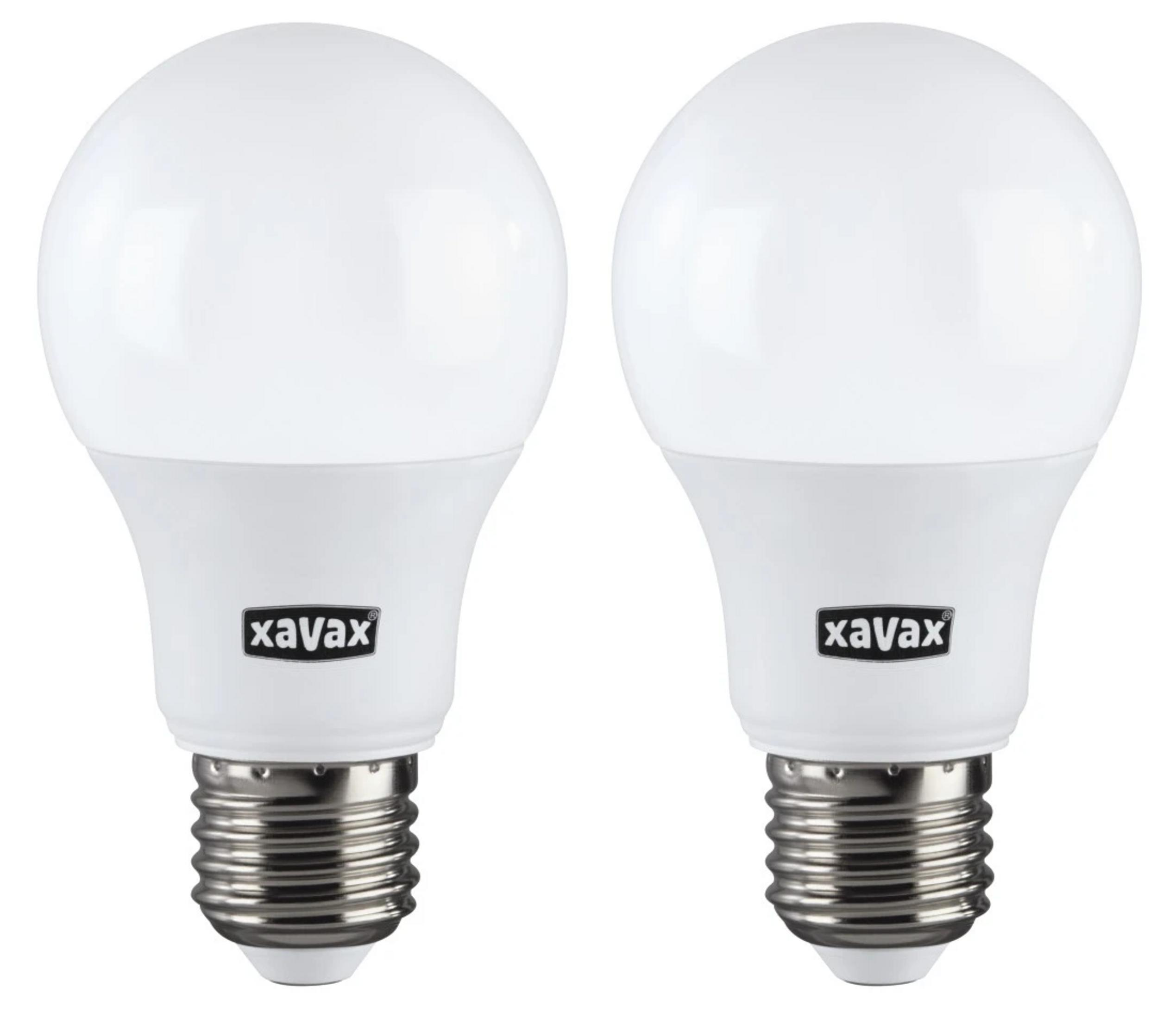 Due lampadine LED bianche con base a vite e logo nero.