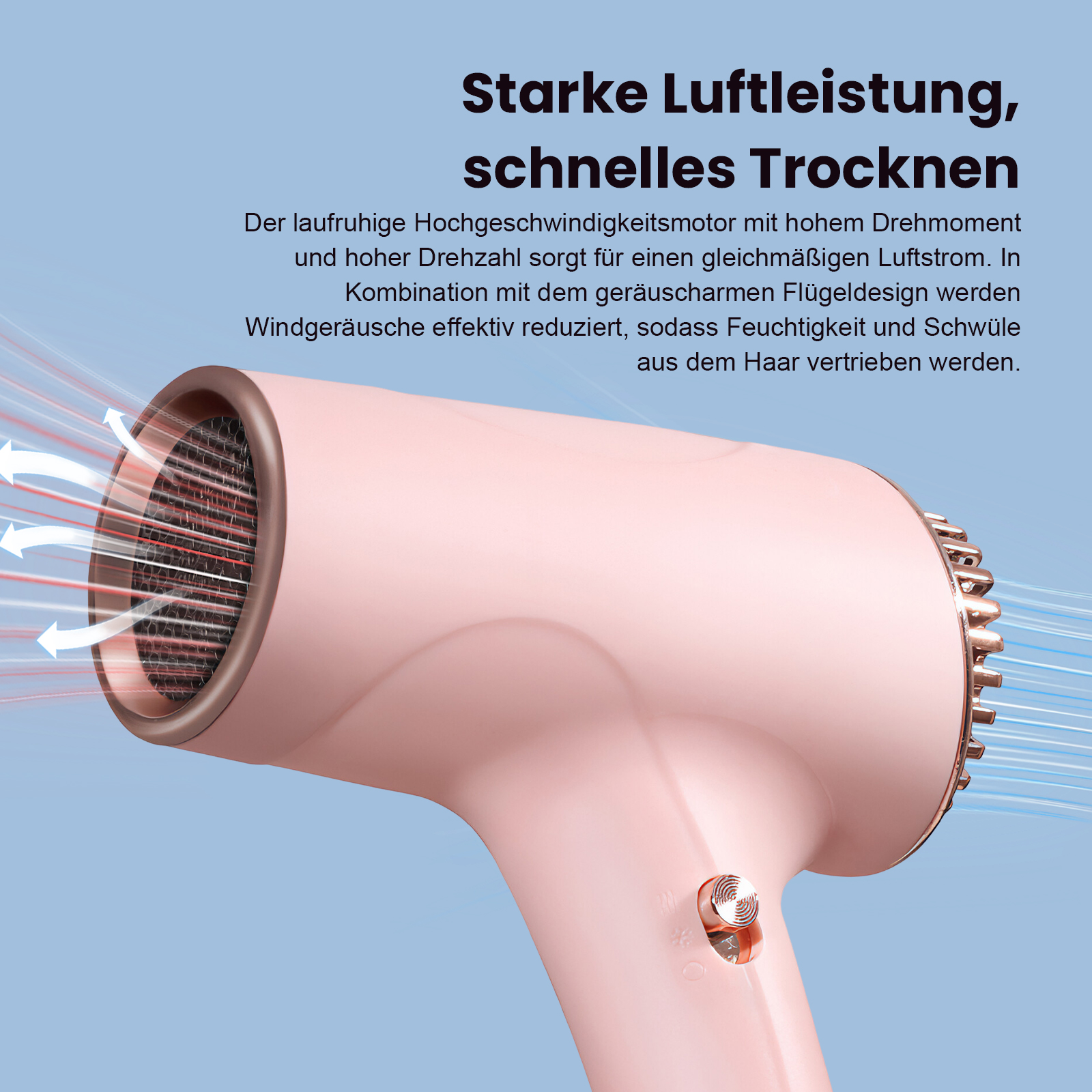Ein rosafarbener Haartrockner mit Luftstrom, der aus der Düse strömt.
