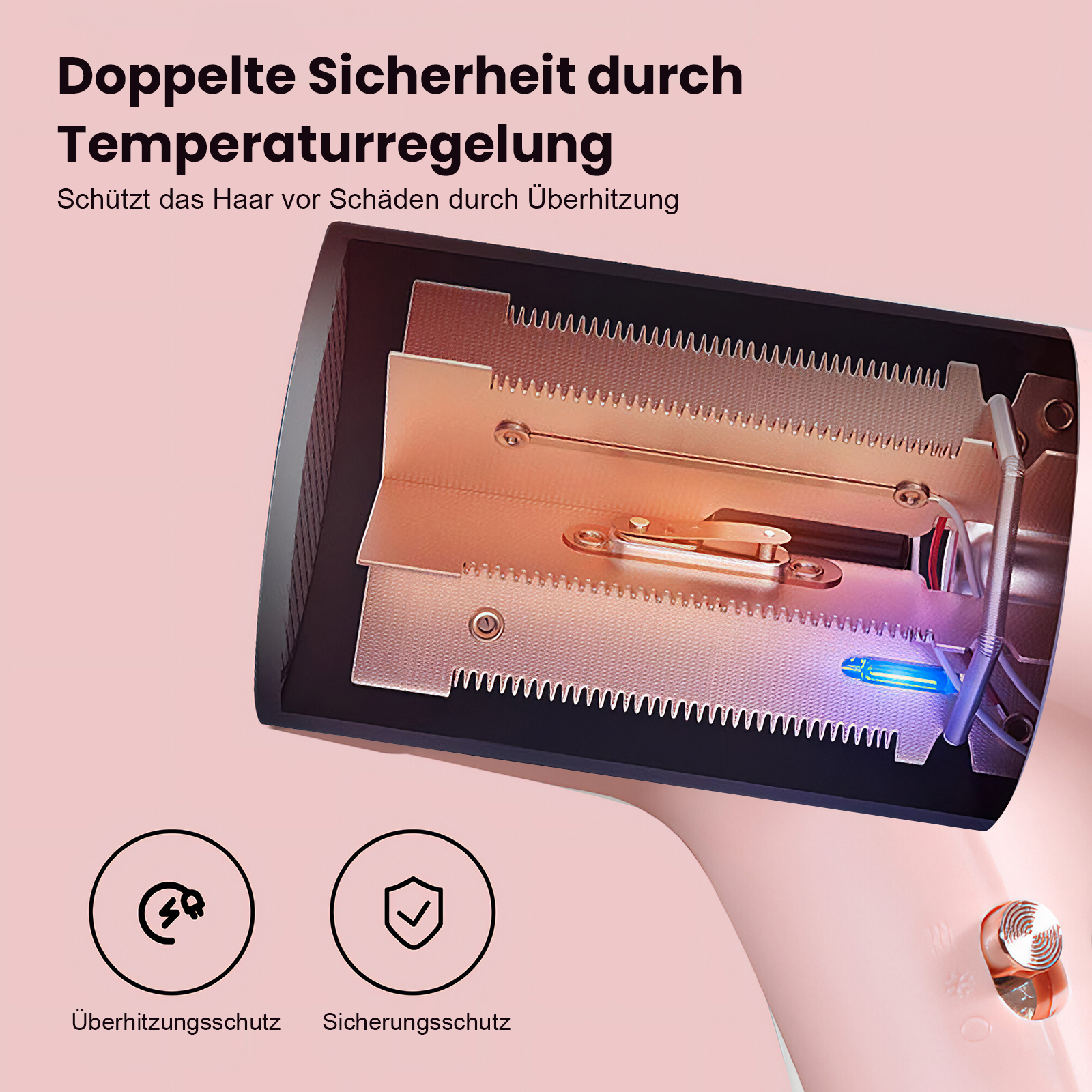 Nahaufnahme der internen Komponenten eines Haartrockners mit Text zur Temperaturregelung.