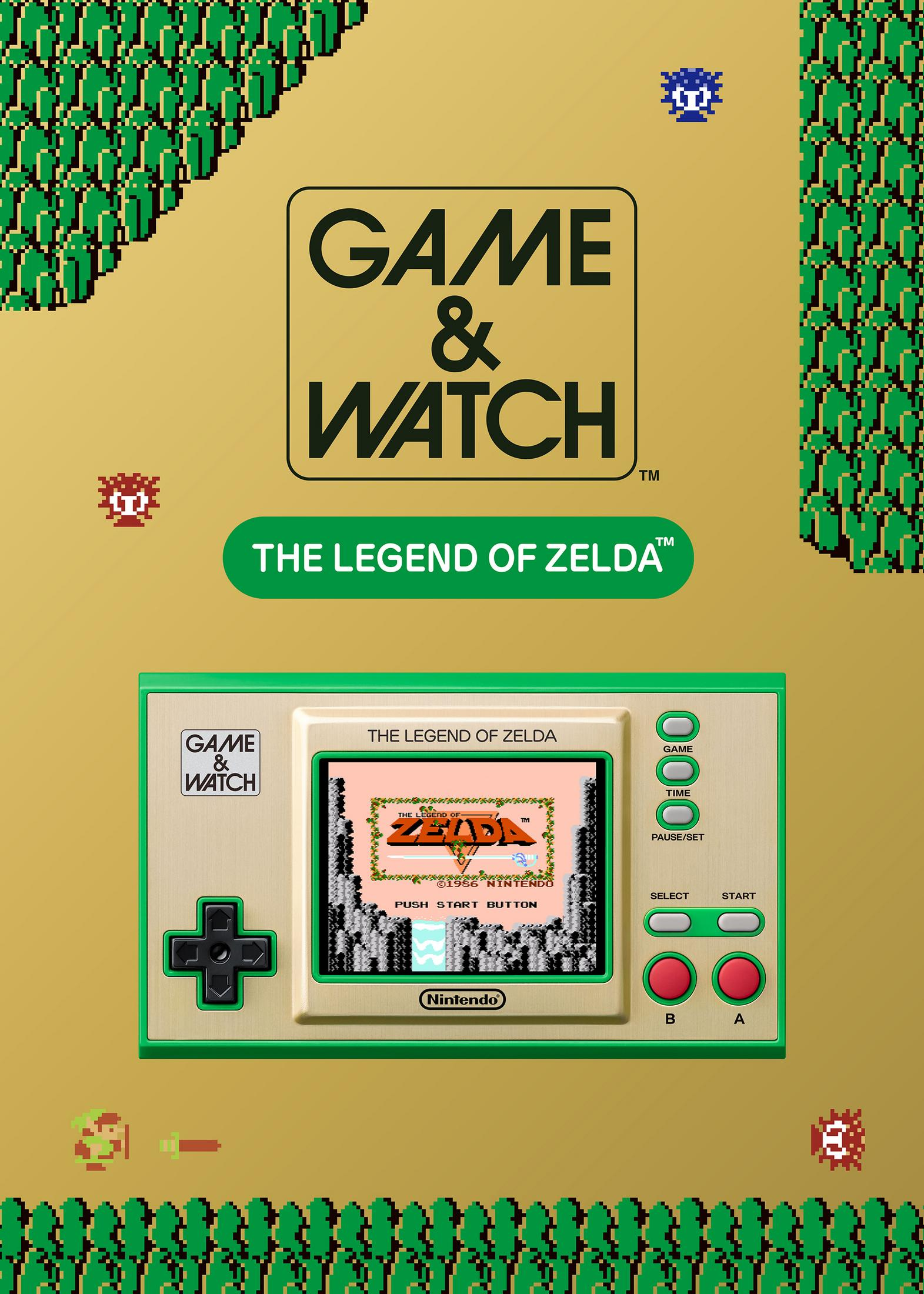 Game & Watch con tema de Zelda, fondo dorado, gráficos de píxeles.