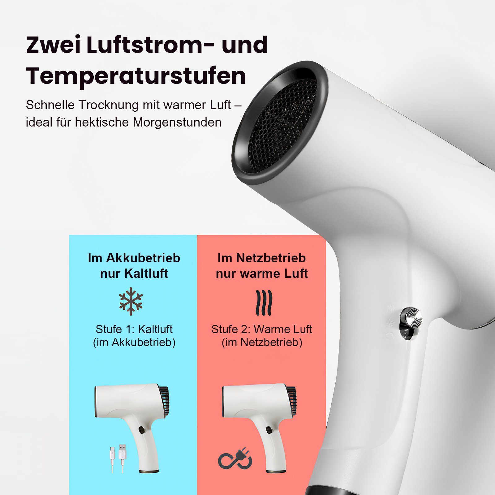 Ein weißer Föhn mit zwei Modi: Kaltluft (Akkubetrieb) und Warmluft (Netzbetrieb).