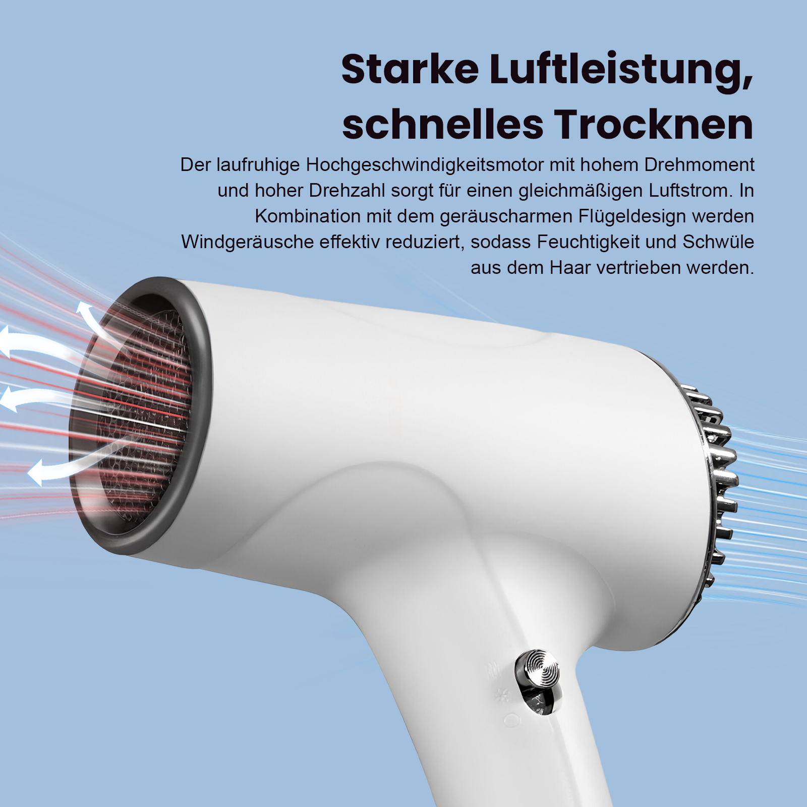 Ein weißer Haartrockner mit starker Luftleistung, der mit Pfeilen Luftstrom zeigt.
