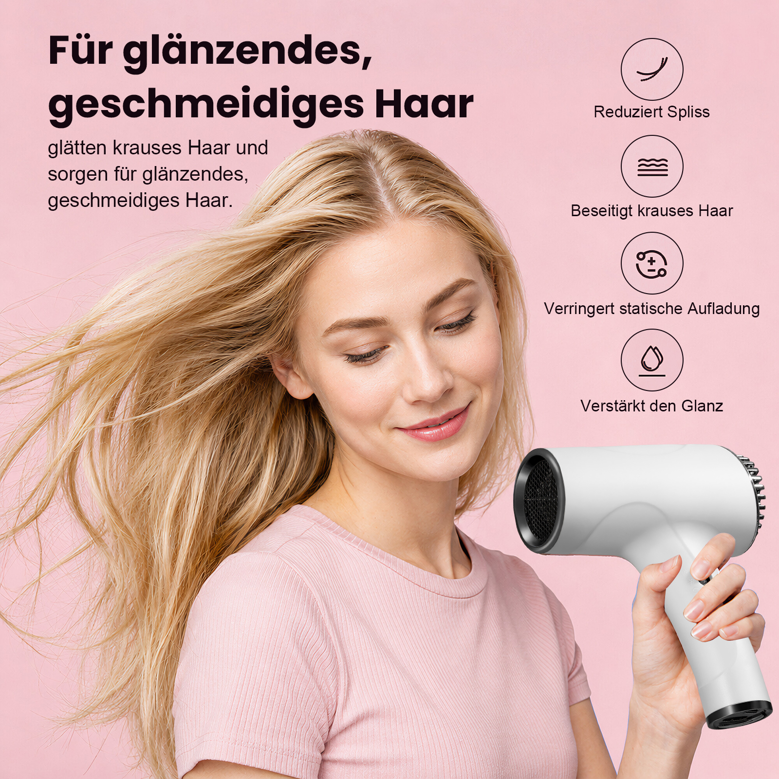 Frau mit glänzendem Haar hält einen weißen Haartrockner, mit Icons für Haarpflege.