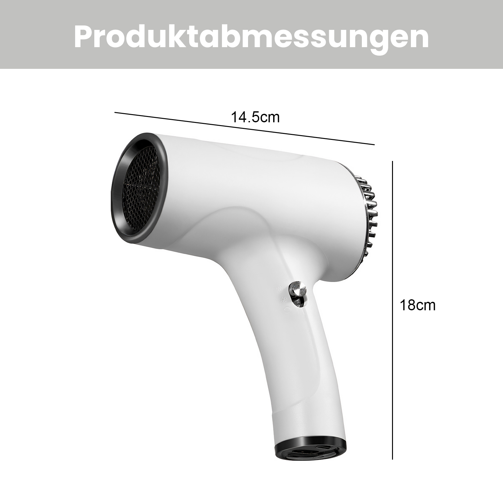 Weißer Haartrockner mit Maßen 14,5 cm und 18 cm.