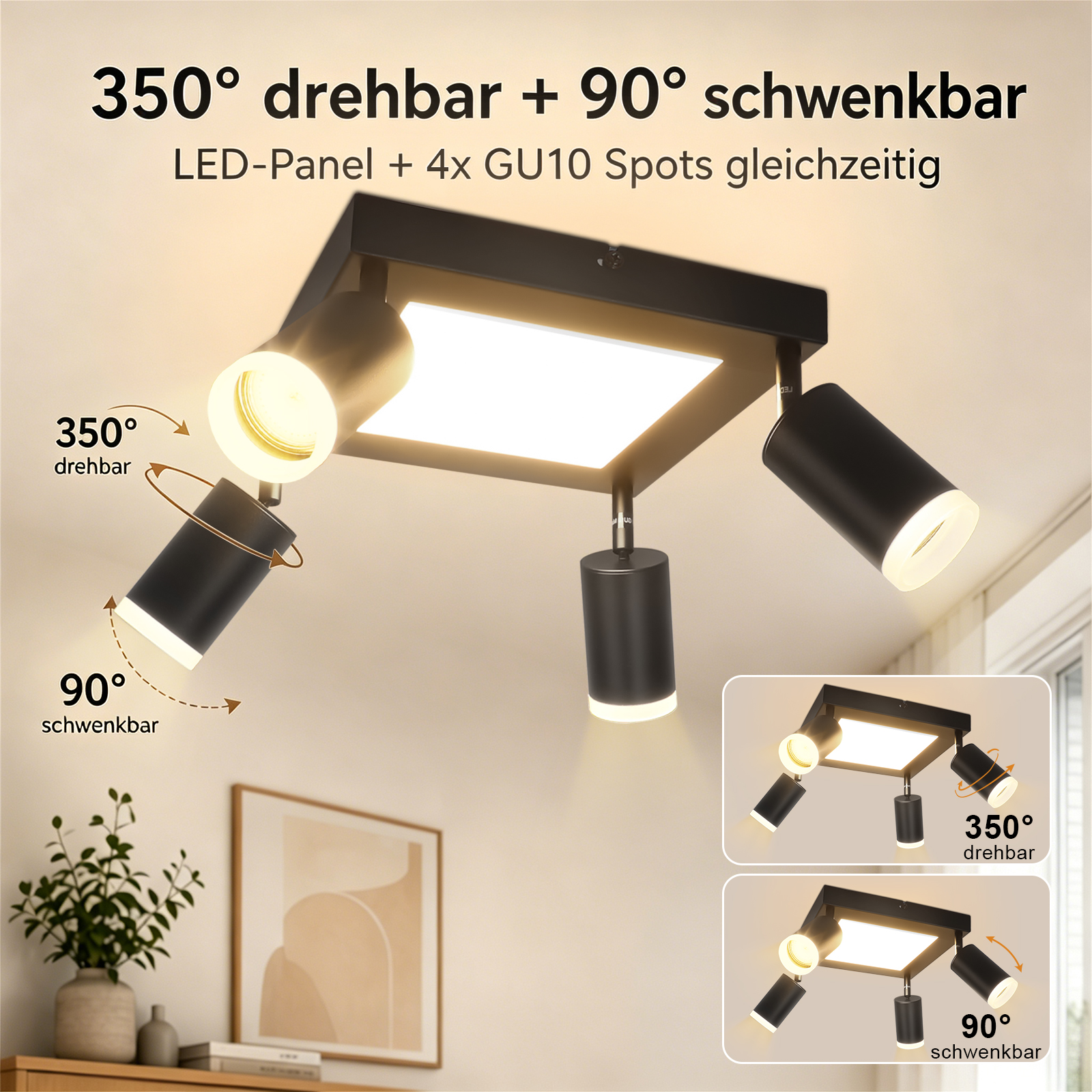 Faretti da soffitto neri con pannello LED e quattro faretti GU10 orientabili.