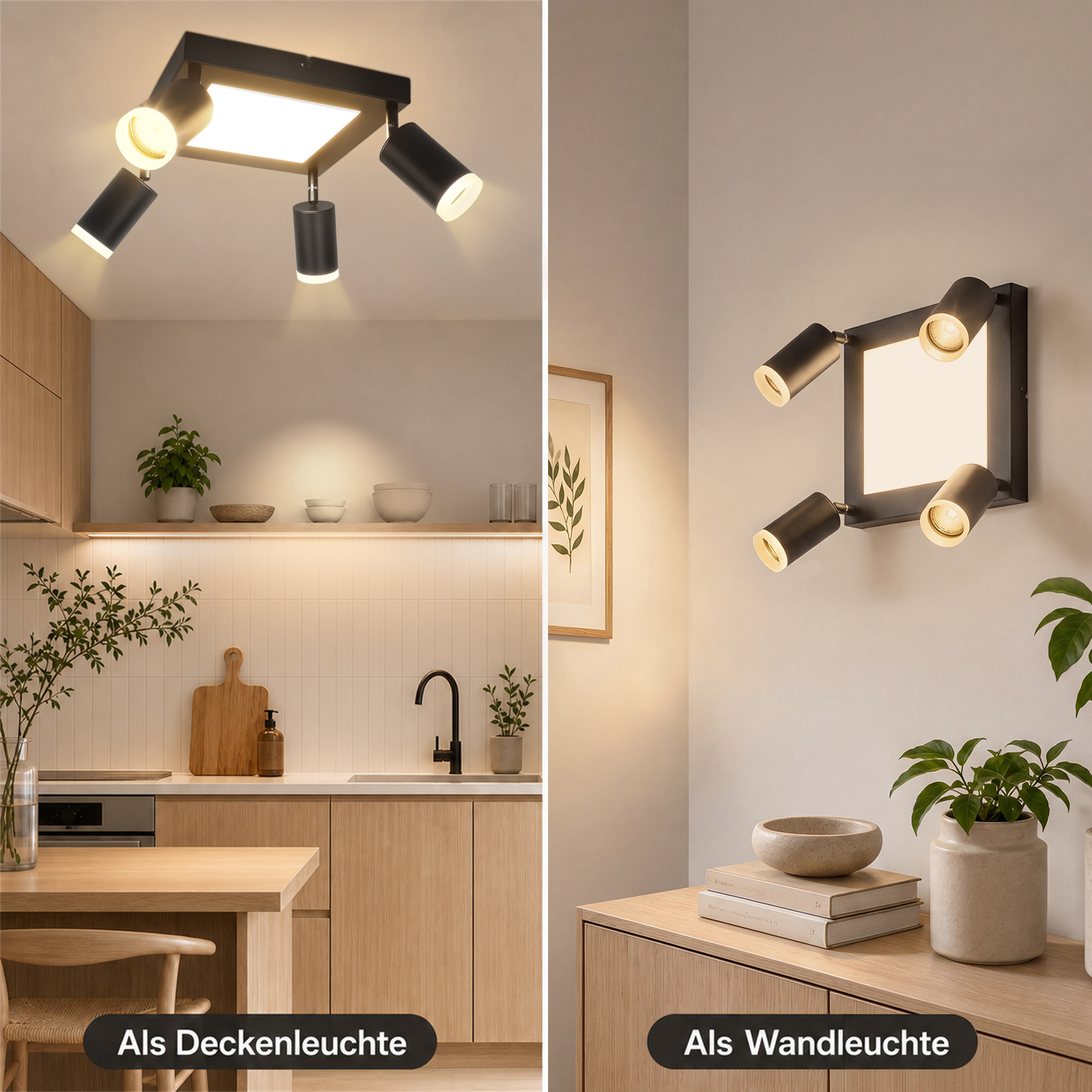 Una moderna lampada da soffitto nera in cucina e come applique.