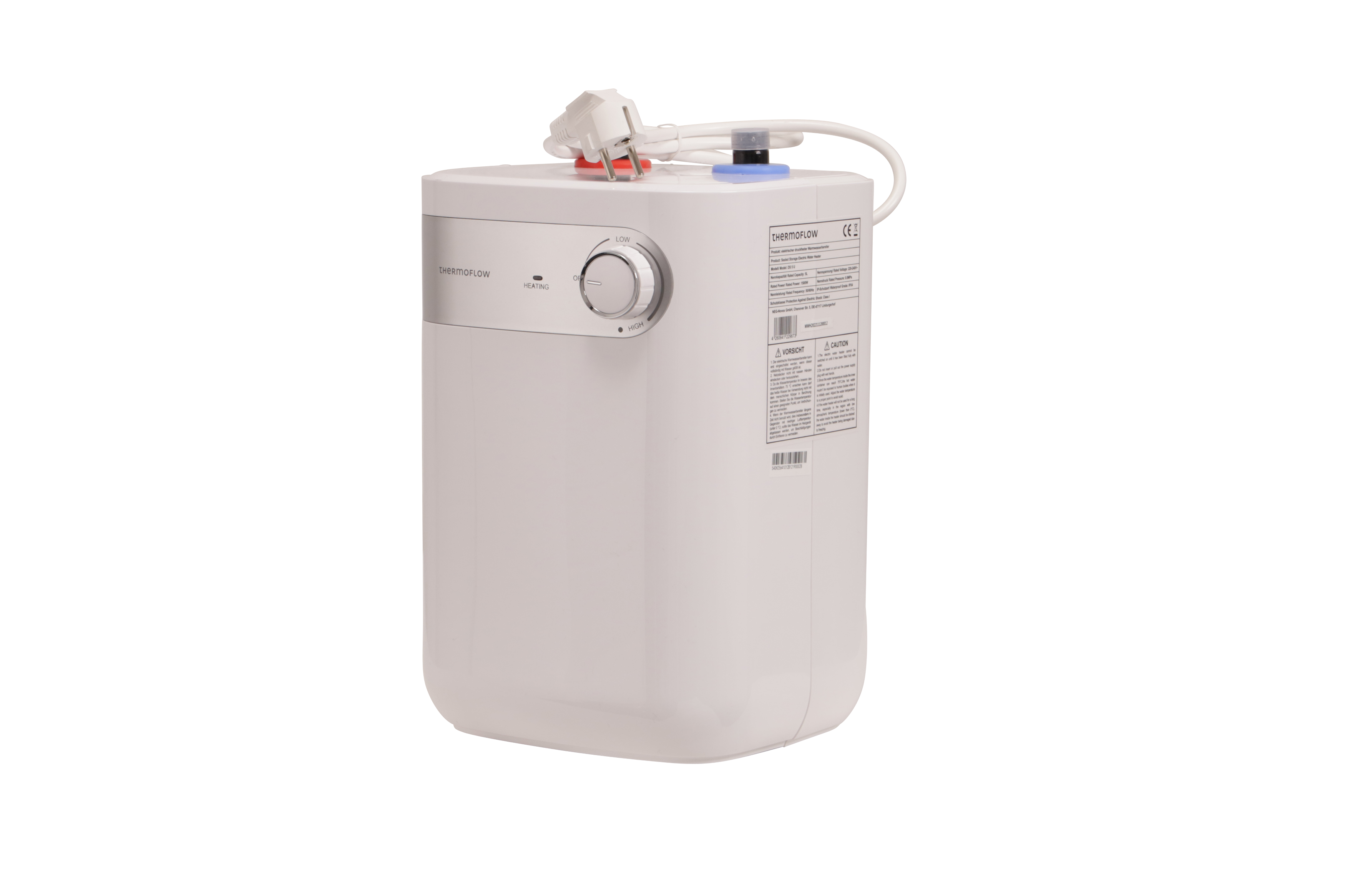 Ein weißer ThermoFlow-Warmwasserbereiter mit Drehregler und Netzkabel.