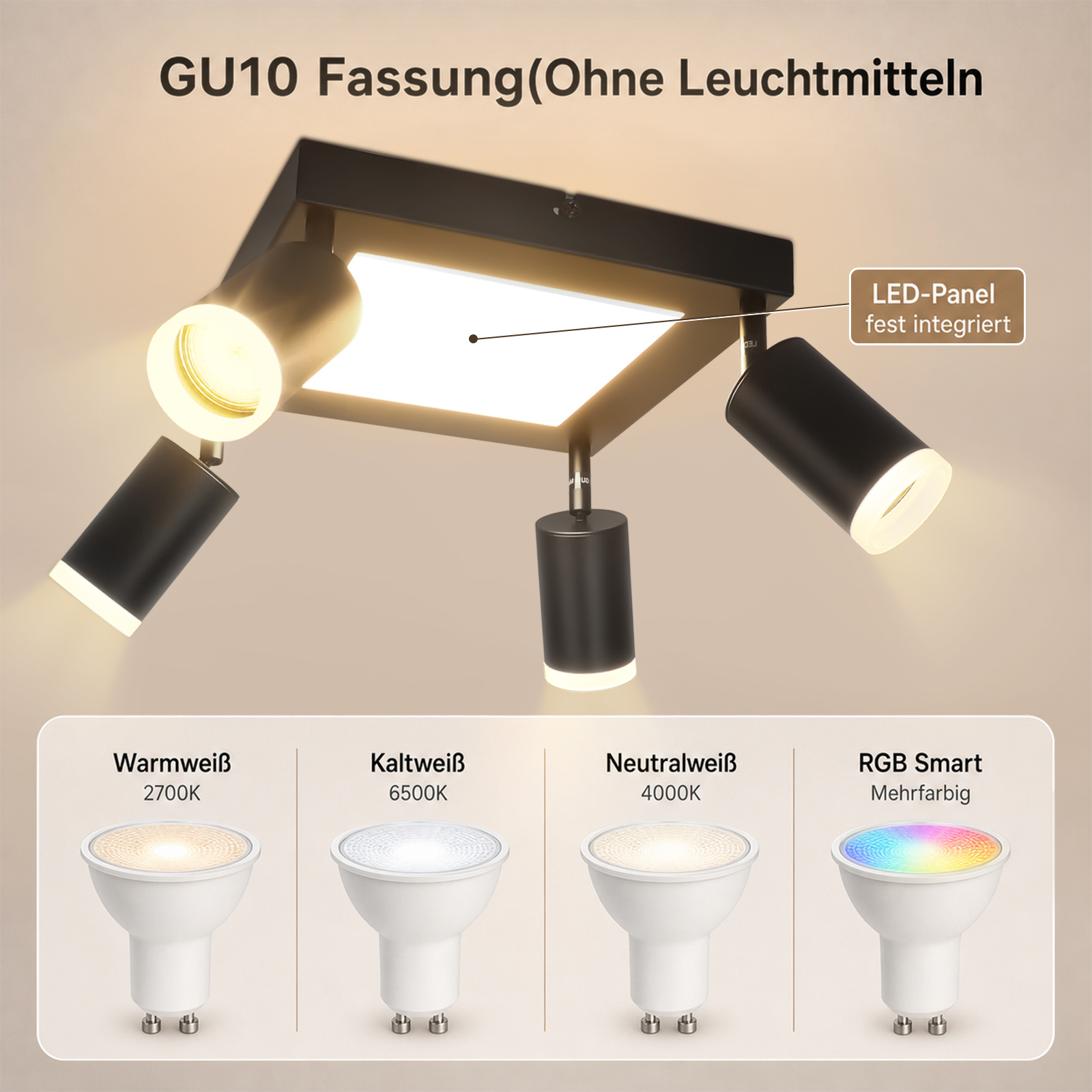Faretti da soffitto neri con attacco GU10 e pannello LED integrato. Sotto, quattro lampadine diverse.