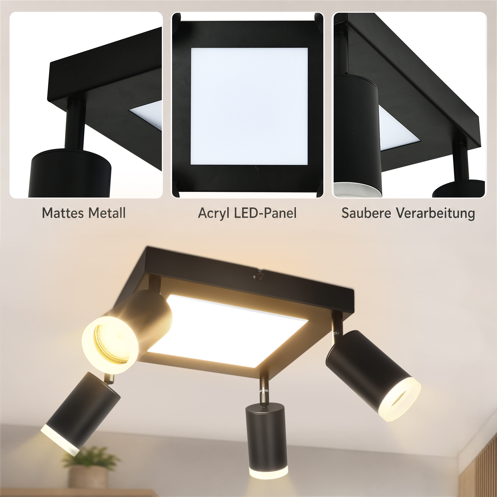 Plafoniera moderna con quattro faretti orientabili e un pannello LED centrale.