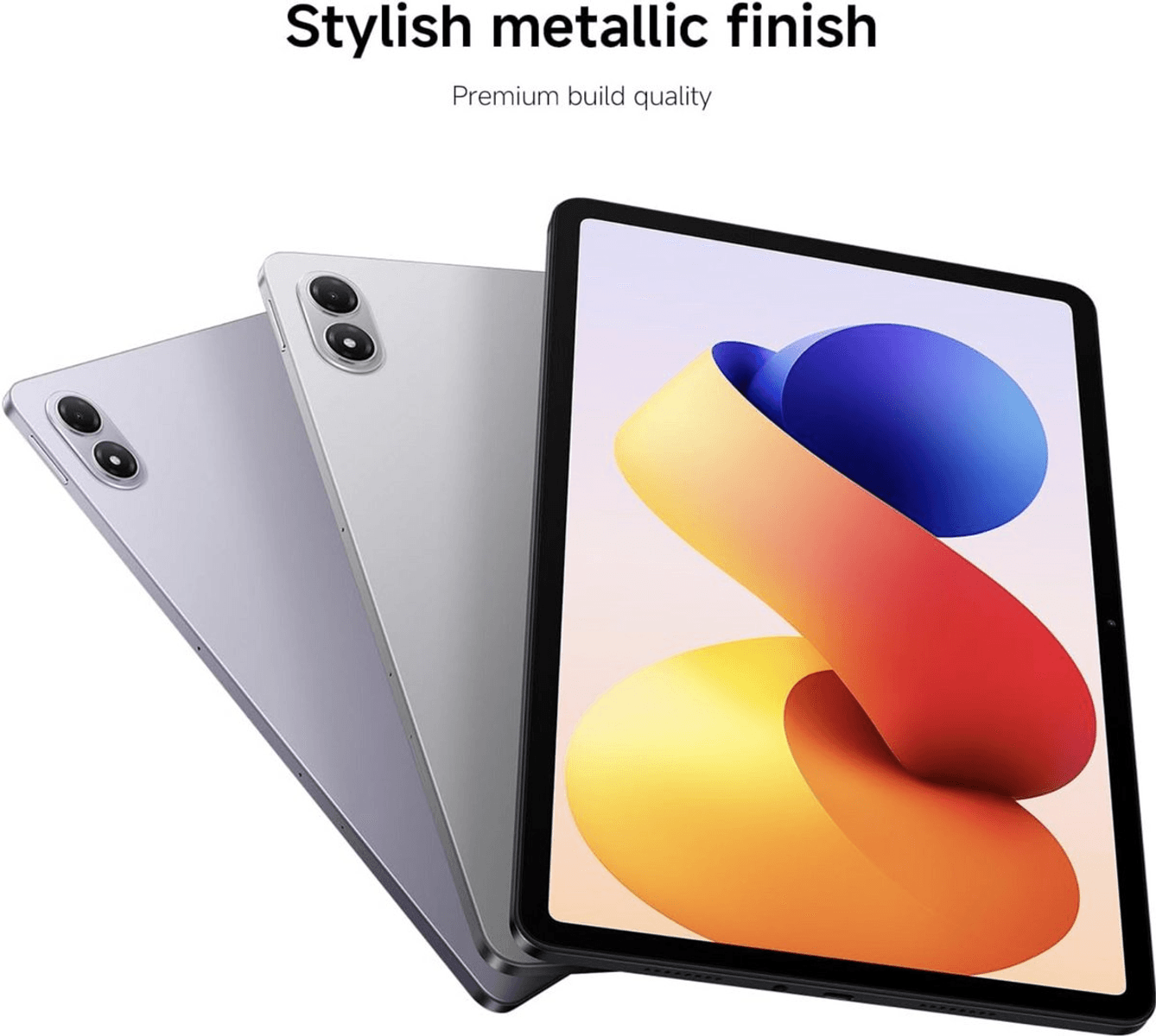 Tre tablet grigio metallizzato e viola con design elegante e fotocamere.