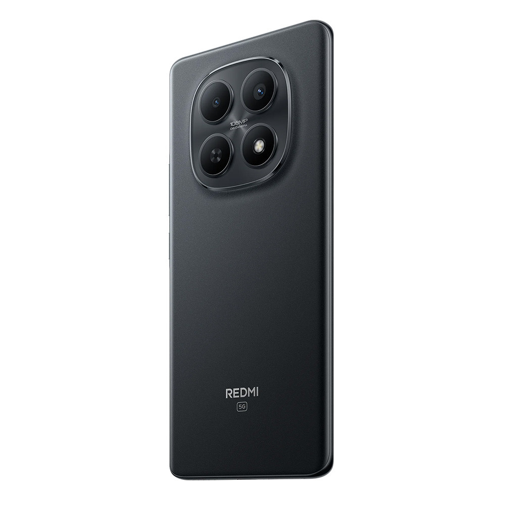 Smartphone grigio scuro con configurazione a quattro fotocamere sul retro e logo Redmi.