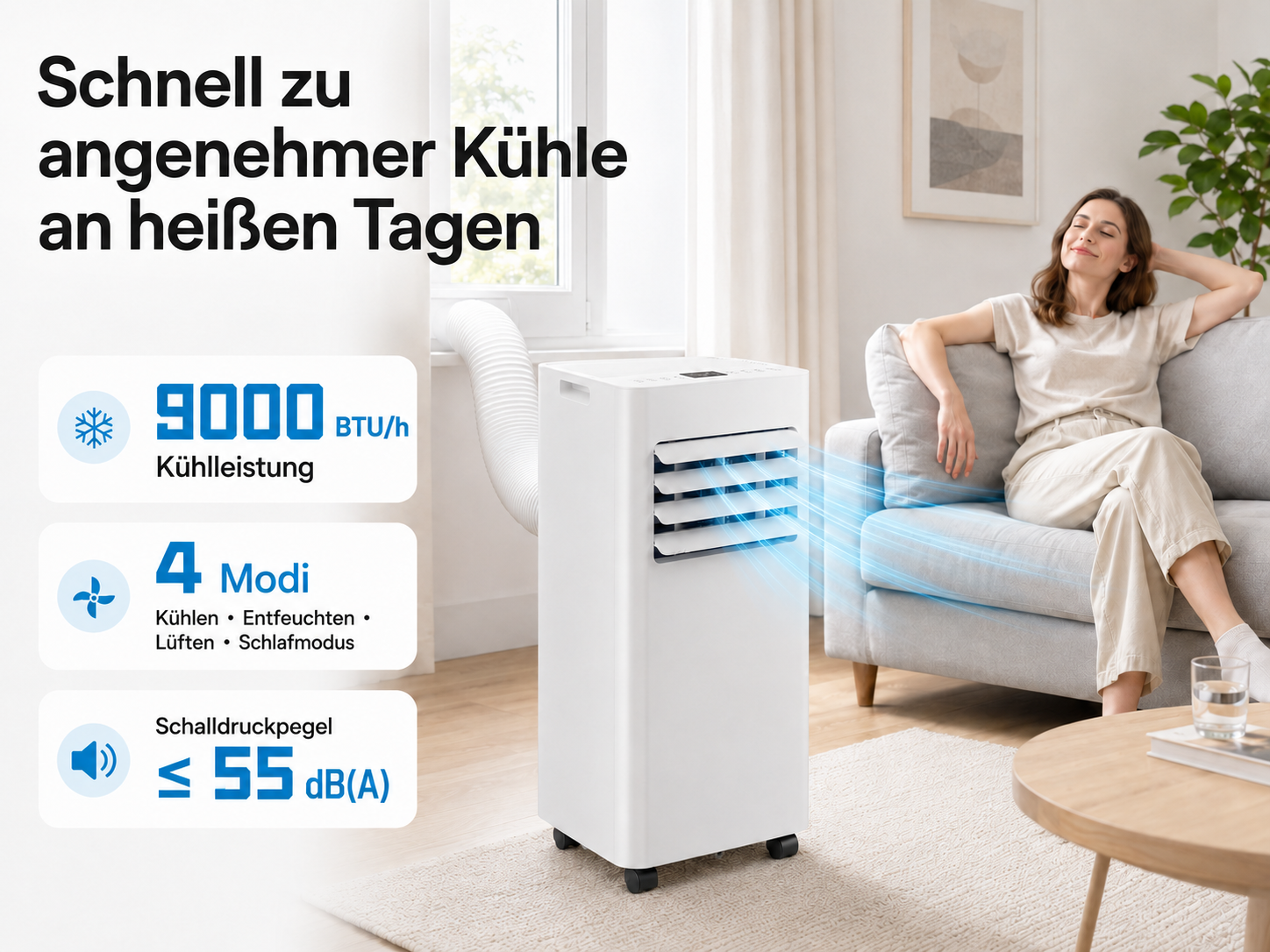 Ein weißer mobiler Klimaanlagenkühler bläst kühle Luft zu einer Frau auf einem Sofa.