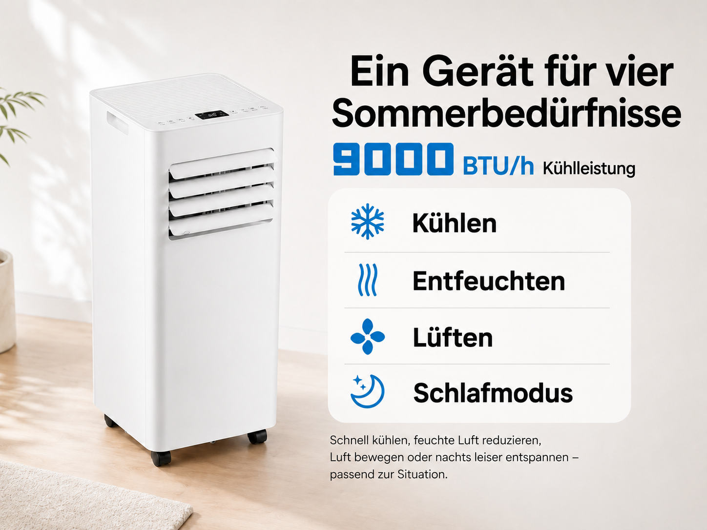 Ein weißes Klimagerät mit Rollen, das vier Funktionen bietet: Kühlen, Entfeuchten, Lüften und Schlafmodus.
