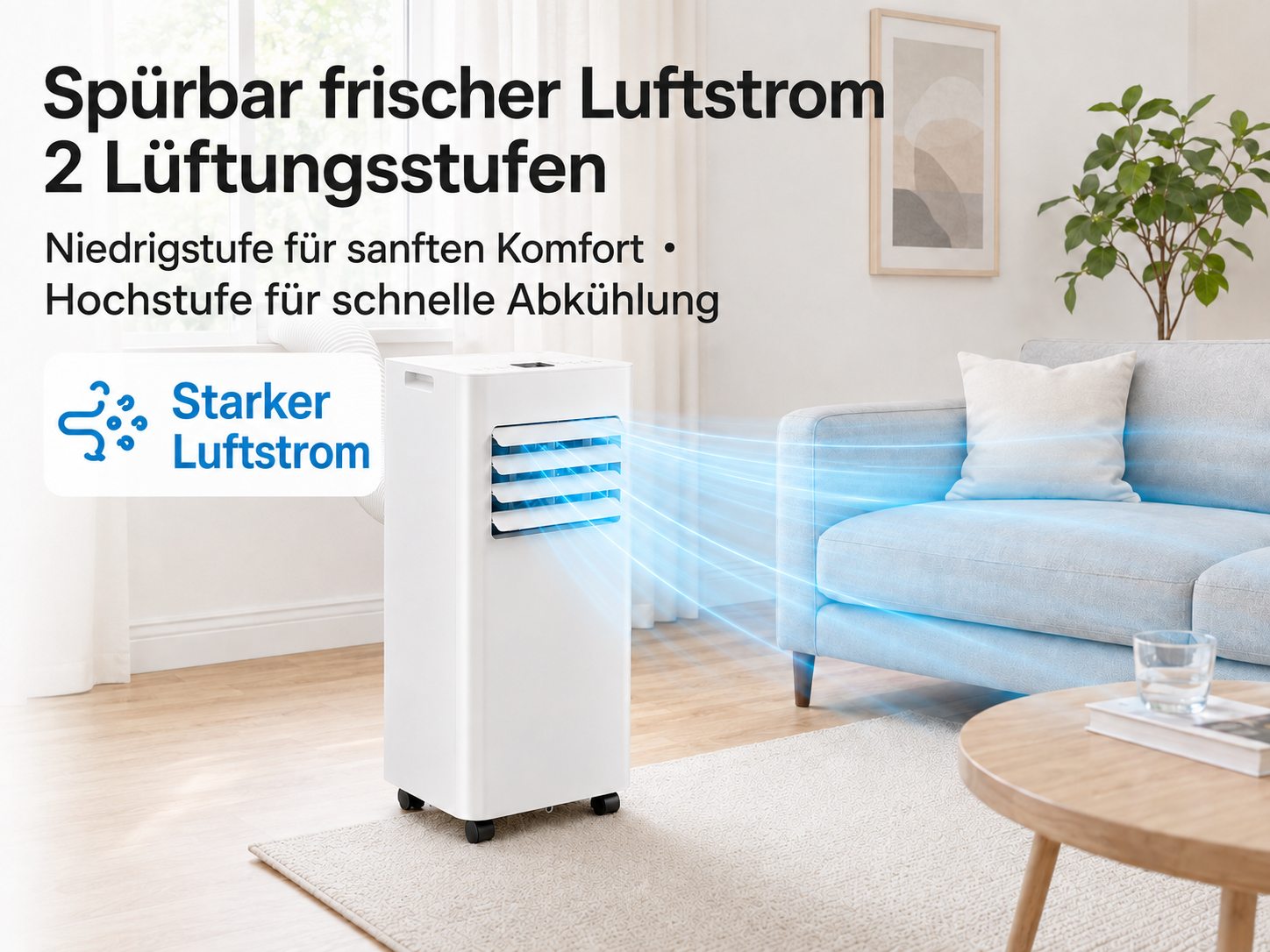 Ein weißer Luftkühler gibt blauen Luftstrom ab, der auf ein Sofa trifft.