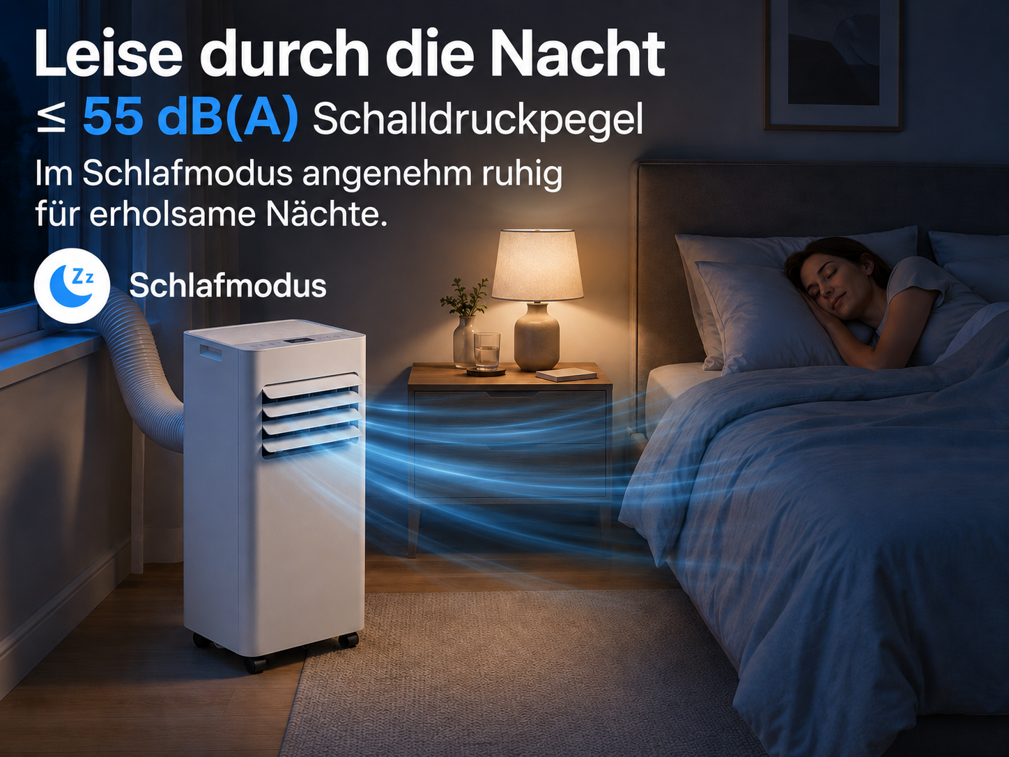 Ein Klimagerät neben einem Bett, auf dem eine Frau schläft. Blaue Luftströme zeigen Kühlung.